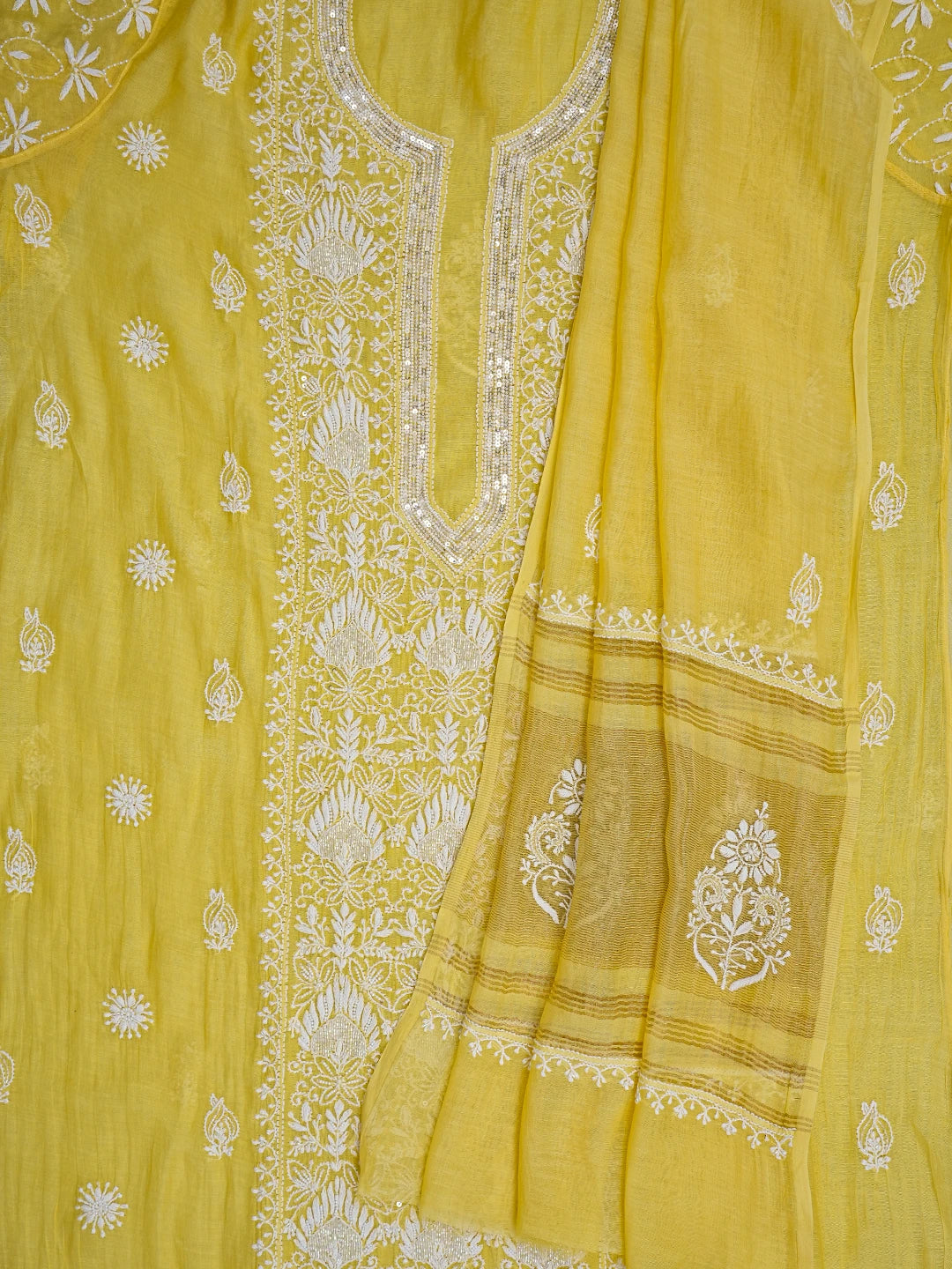Ada Hand Embroidered Yellow Chanderi Lucknowi Chikankari Semi-Stitched Kurta Dupatta Set with Cutdana Work 01A722422
