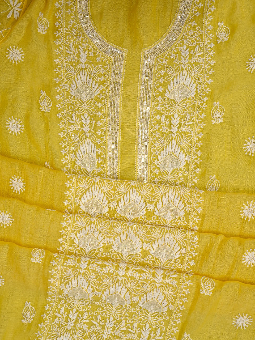 Ada Hand Embroidered Yellow Chanderi Lucknowi Chikankari Semi-Stitched Kurta Dupatta Set with Cutdana Work 01A722422