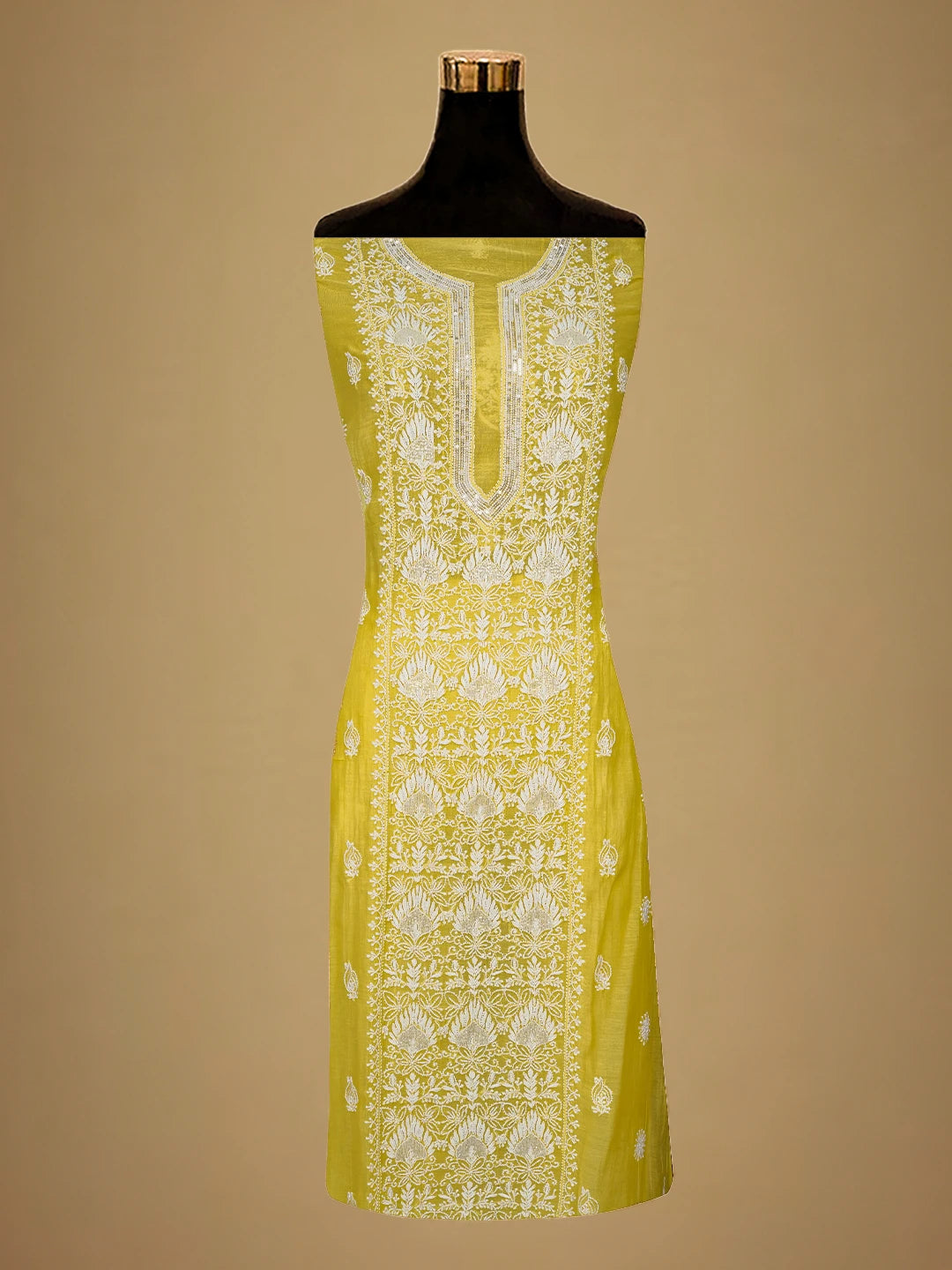 Ada Hand Embroidered Yellow Chanderi Lucknowi Chikankari Semi-Stitched Kurta Dupatta Set with Cutdana Work 01A722422
