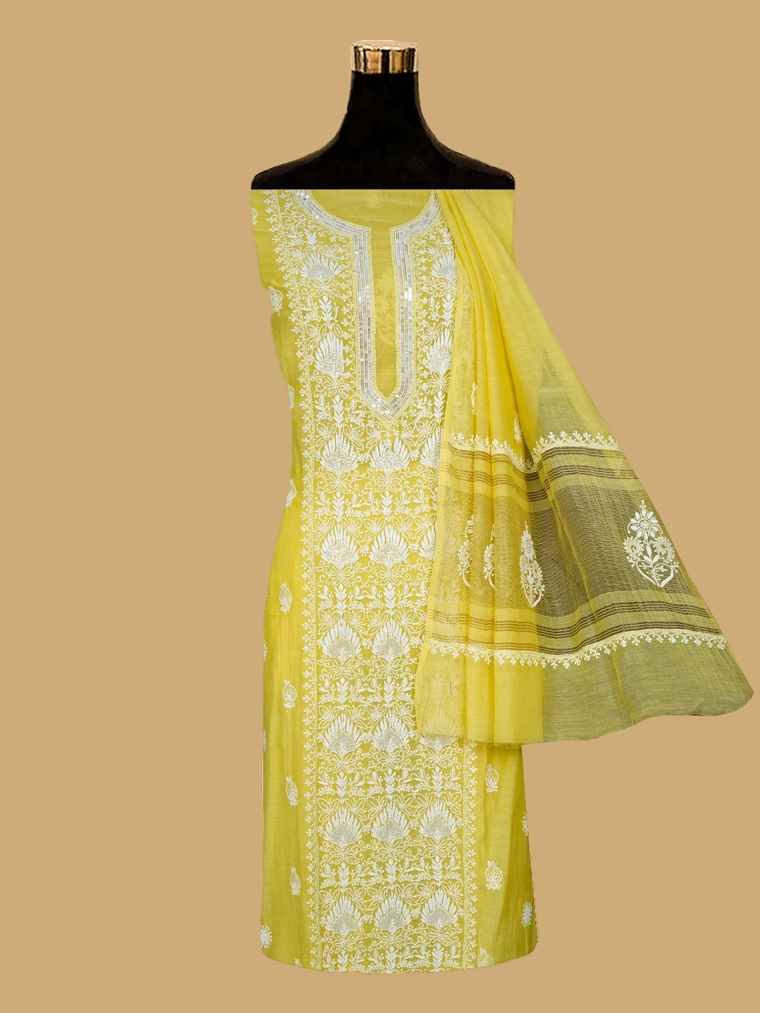 Ada Hand Embroidered Yellow Chanderi Lucknowi Chikankari Semi-Stitched Kurta Dupatta Set with Cutdana Work 01A722422