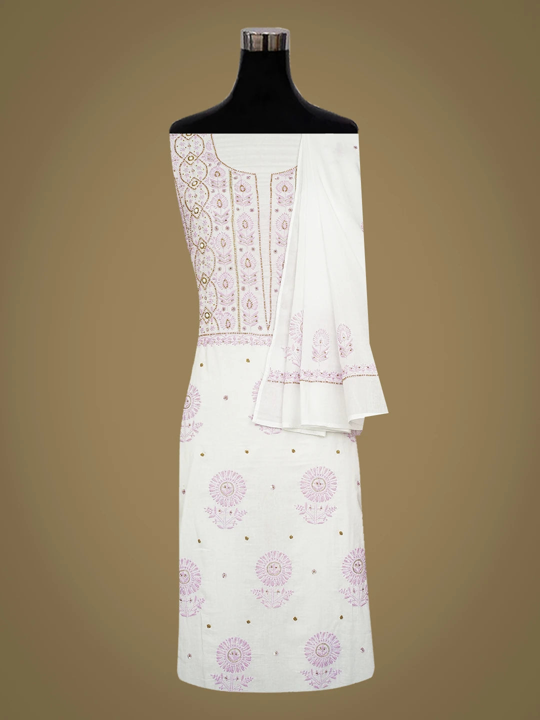 Ada Hand Embroidered White Cotton Lucknowi Chikankari Unstitched Kurta Dupatta Set 01A548549