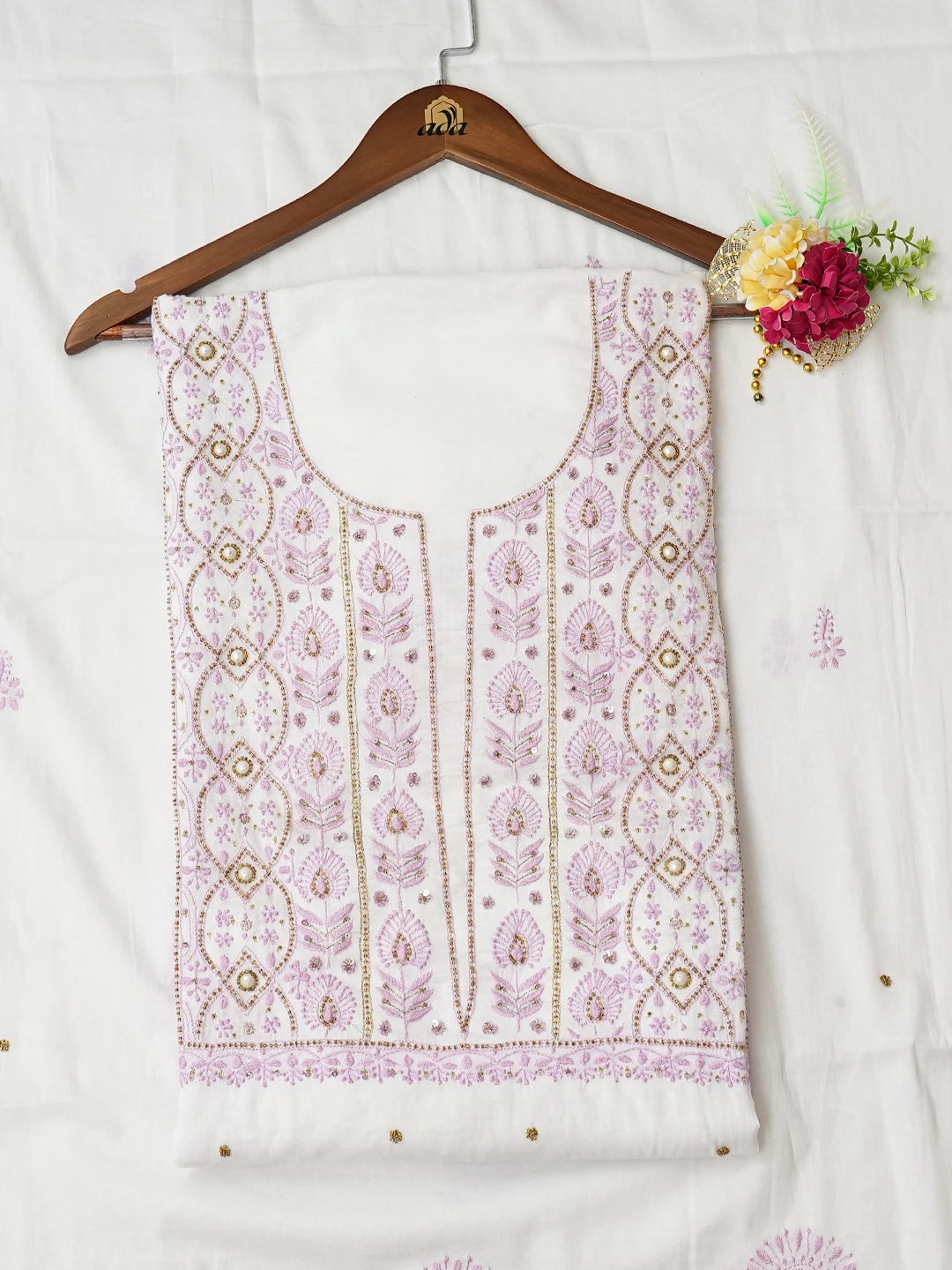 Ada Hand Embroidered White Cotton Lucknowi Chikankari Unstitched Kurta Dupatta Set 01A548549
