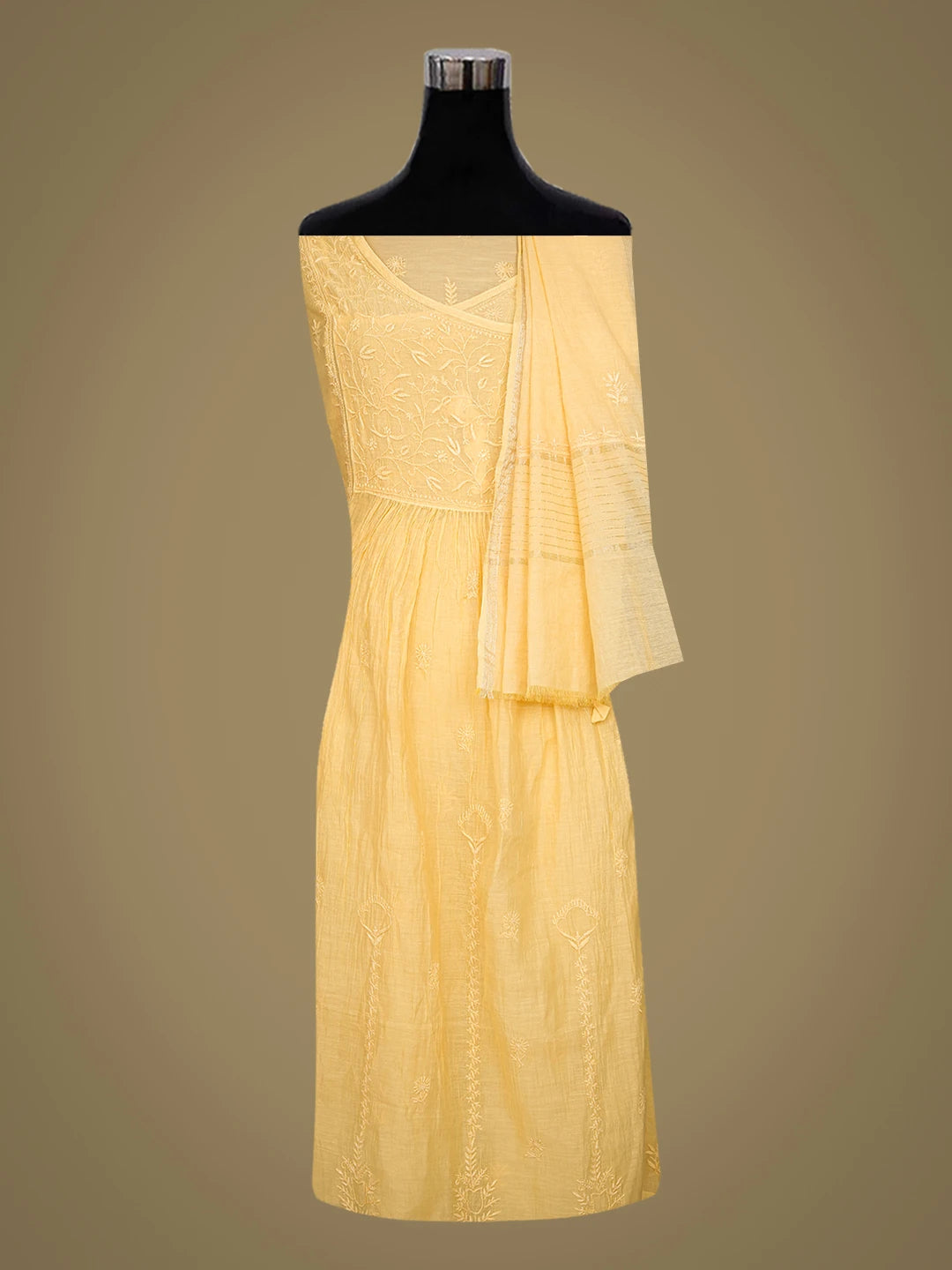 Ada Hand Embroidered Yellow Chanderi Lucknowi Chikankari Semi-Stitched Kurta Dupatta Set 01A741498