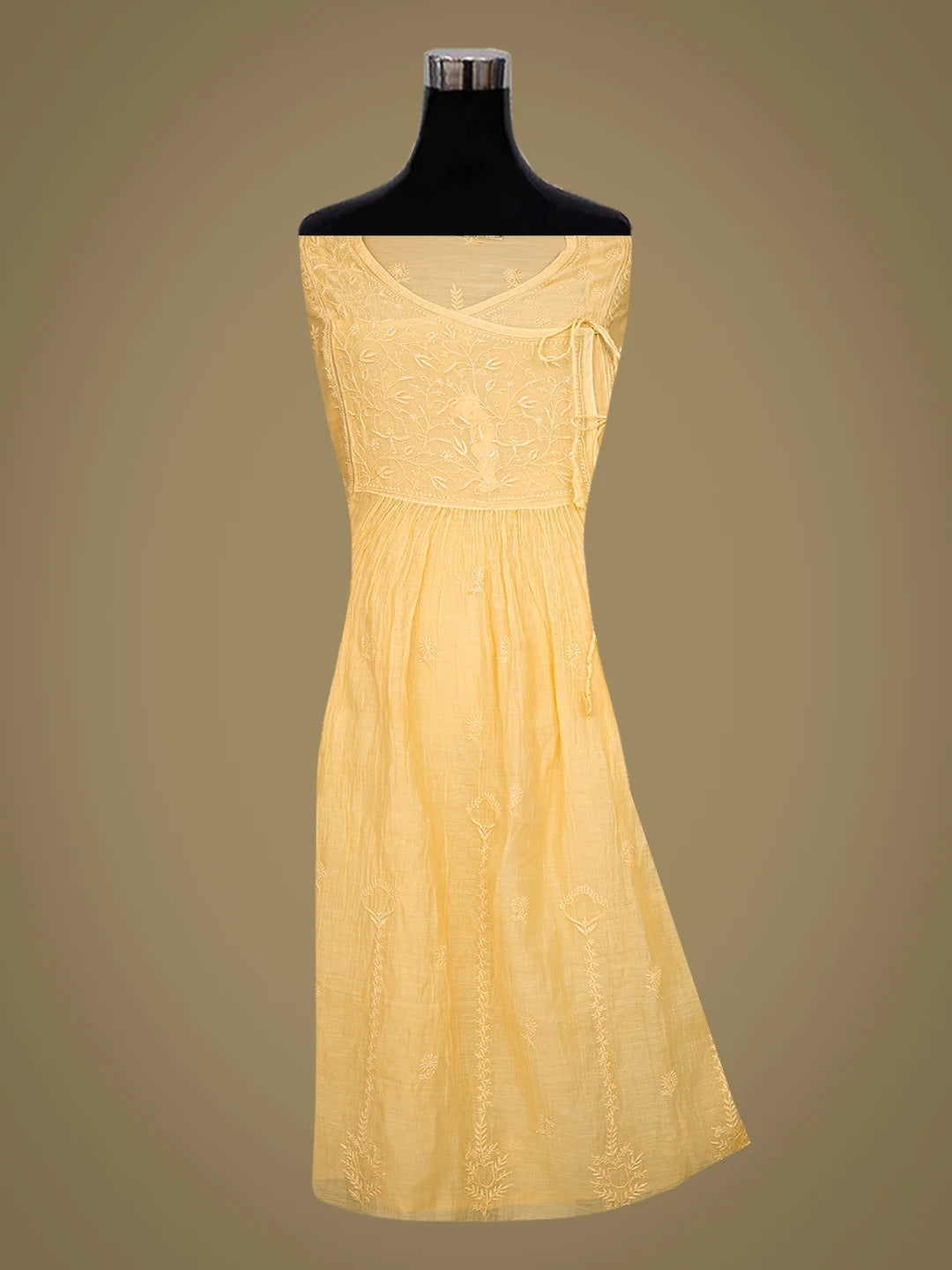 Ada Hand Embroidered Yellow Chanderi Lucknowi Chikankari Semi-Stitched Kurta Dupatta Set 01A741498