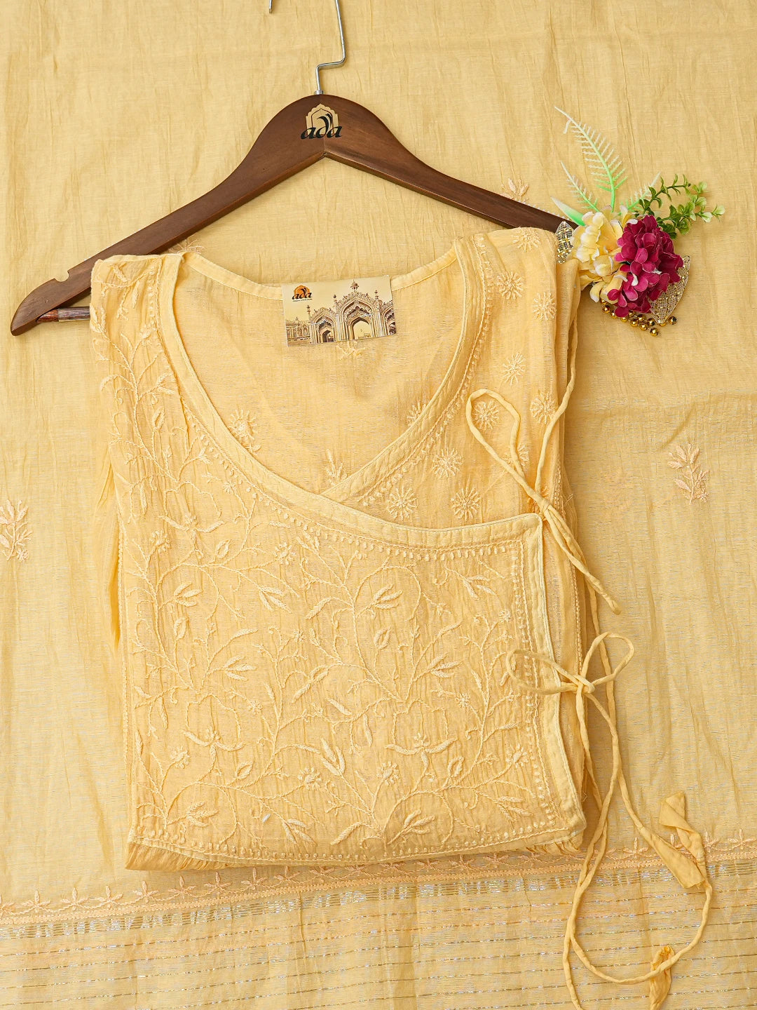 Ada Hand Embroidered Yellow Chanderi Lucknowi Chikankari Semi-Stitched Kurta Dupatta Set 01A741498