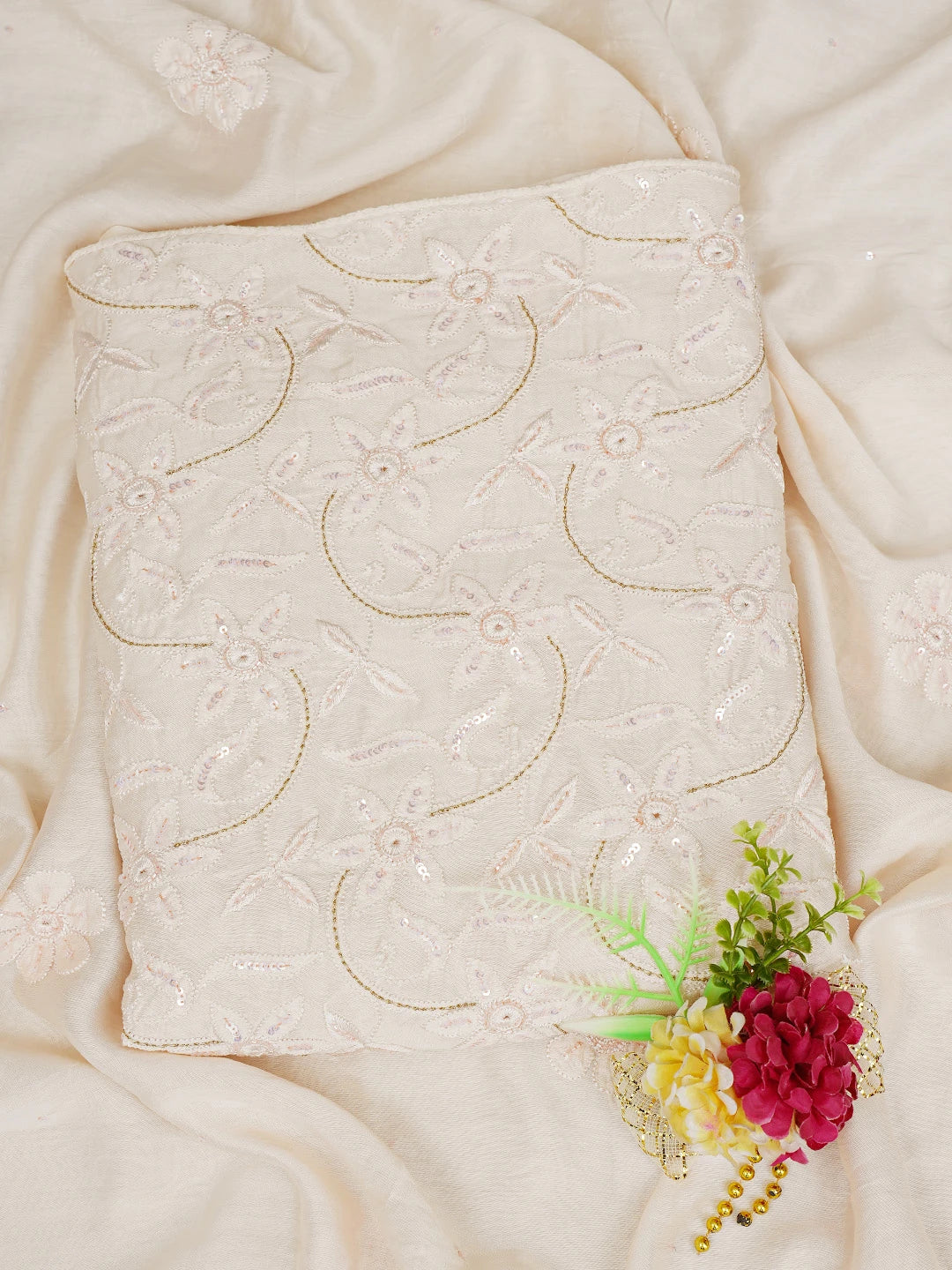 Ada Hand Embroidered Light Peach Chanderi Lucknowi Chikankari Unstitched Kurta Dupatta Set with Cutdana Work 01A584729