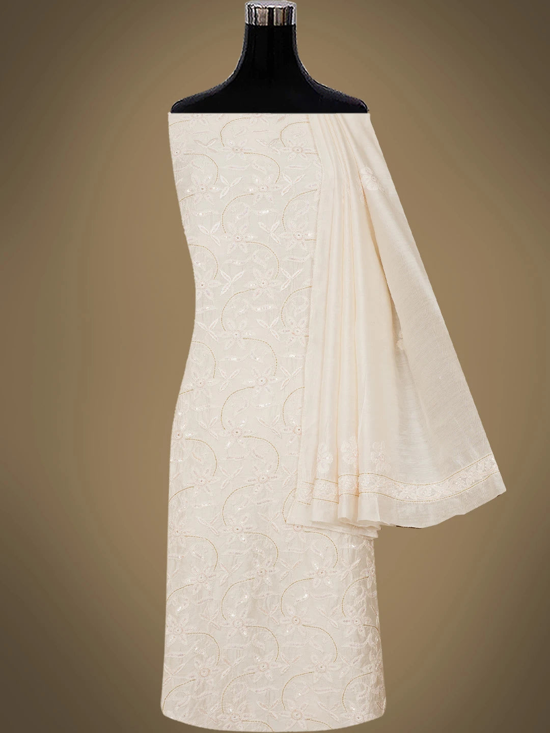 Ada Hand Embroidered Light Peach Chanderi Lucknowi Chikankari Unstitched Kurta Dupatta Set with Cutdana Work 01A584729