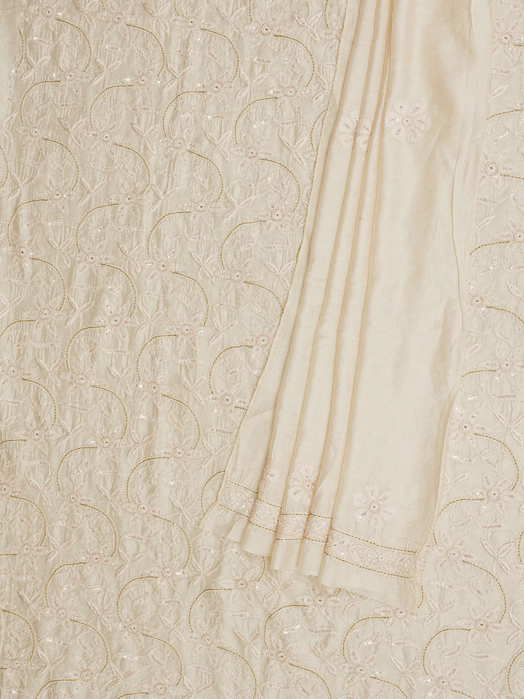 Ada Hand Embroidered Light Peach Chanderi Lucknowi Chikankari Unstitched Kurta Dupatta Set with Cutdana Work 01A584729