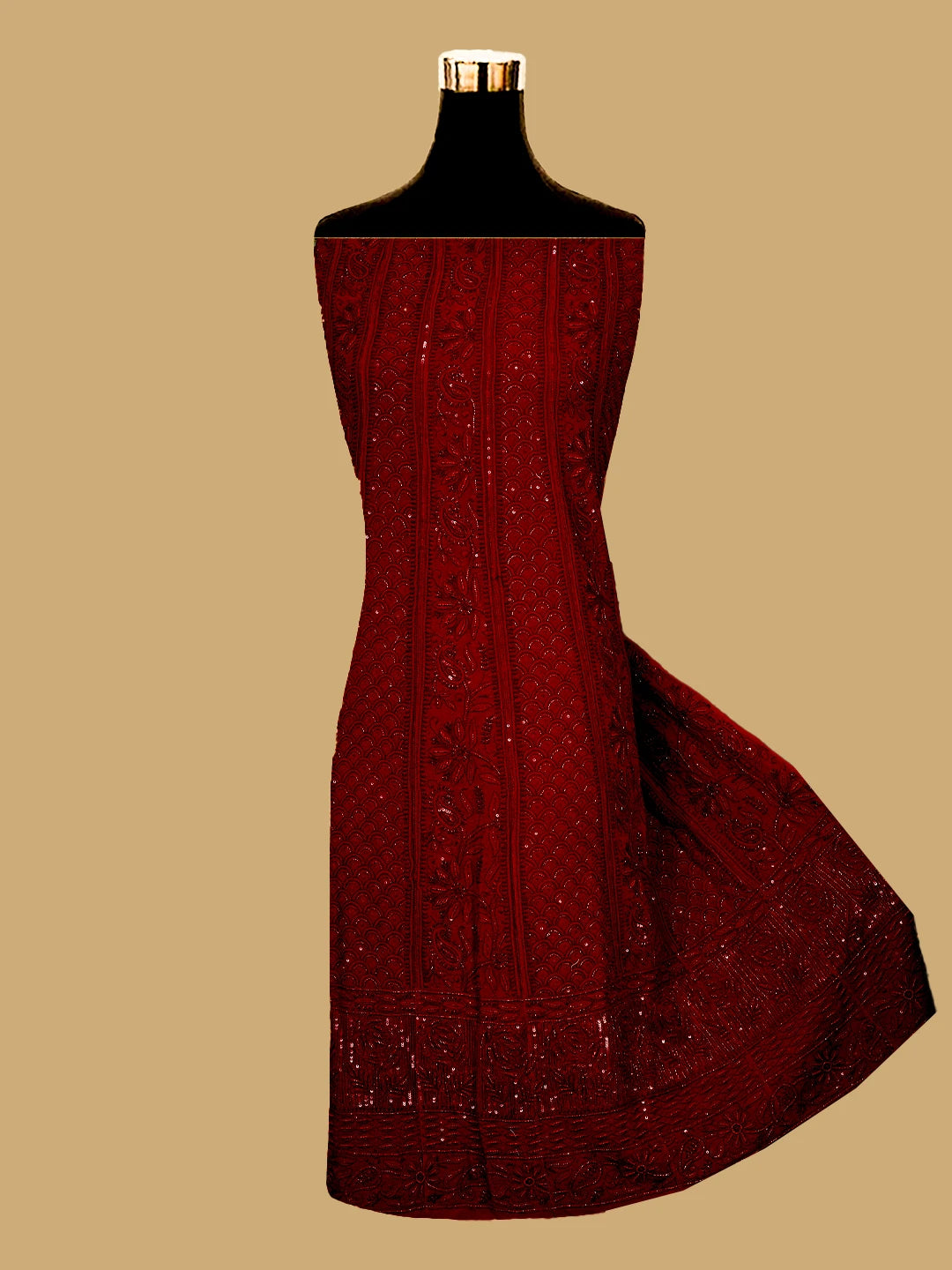 Ada Hand Embroidered Red Pure Georgette Lucknowi Chikankari Semi-Stitched Anarkali Kurta Dupatta Set With Cutdana Work 01A700259