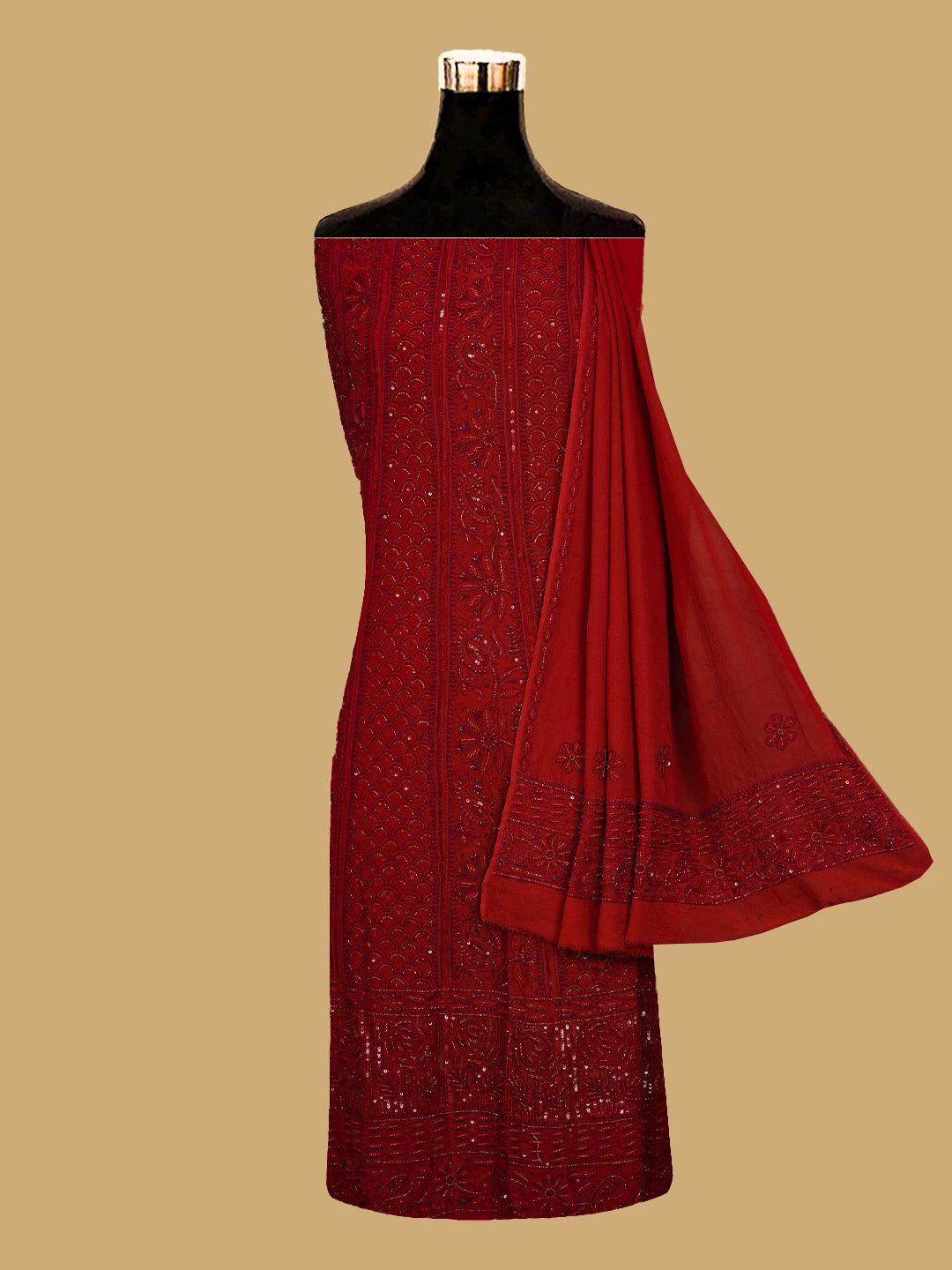 Ada Hand Embroidered Red Pure Georgette Lucknowi Chikankari Semi-Stitched Anarkali Kurta Dupatta Set With Cutdana Work 01A700259