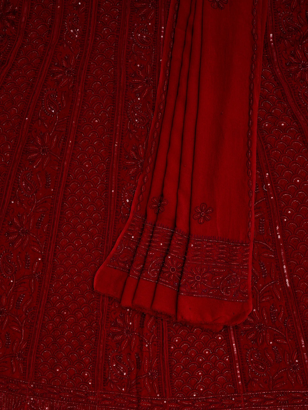 Ada Hand Embroidered Red Pure Georgette Lucknowi Chikankari Semi-Stitched Anarkali Kurta Dupatta Set With Cutdana Work 01A700259