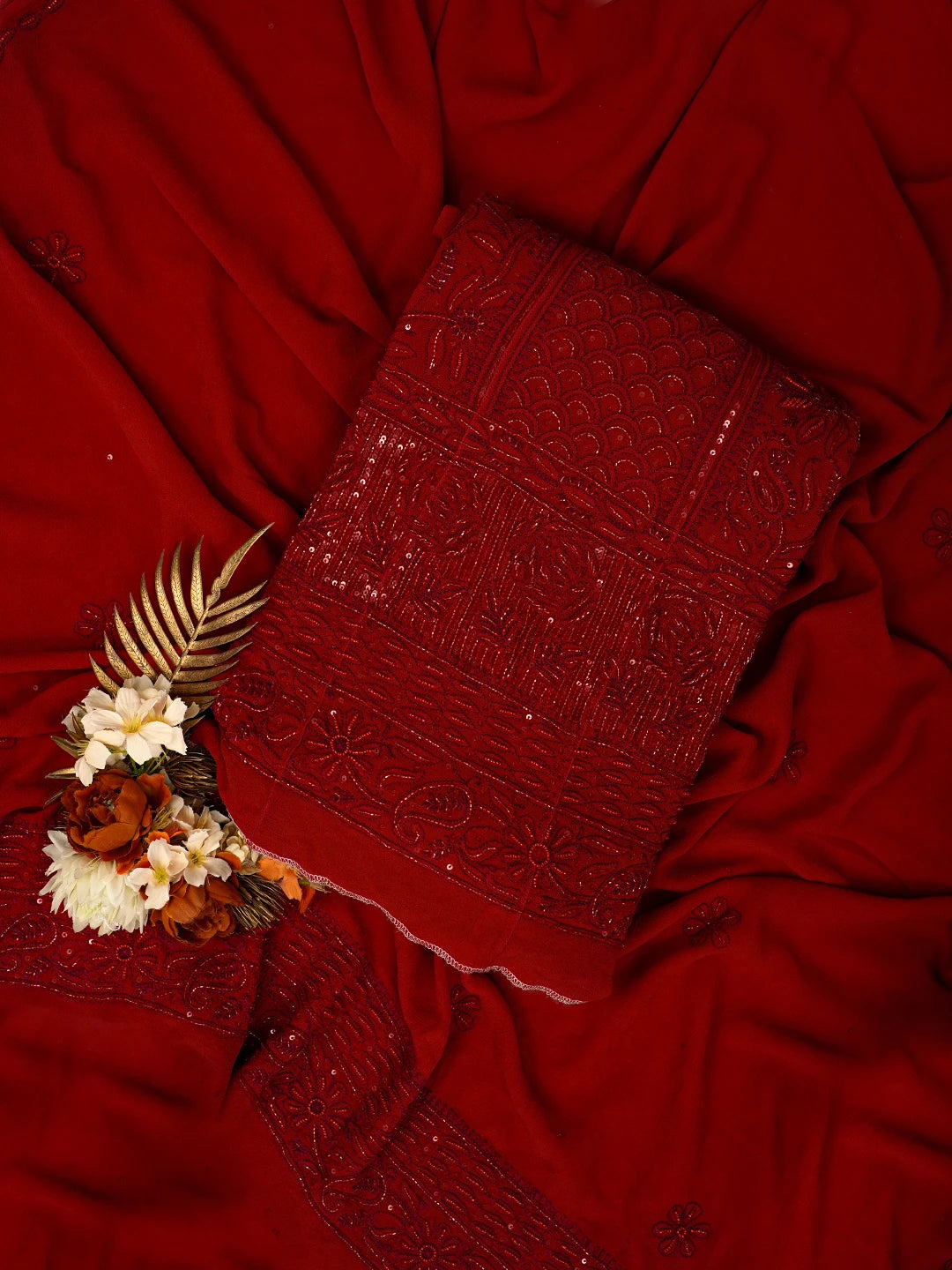 Ada Hand Embroidered Red Pure Georgette Lucknowi Chikankari Semi-Stitched Anarkali Kurta Dupatta Set With Cutdana Work 01A700259