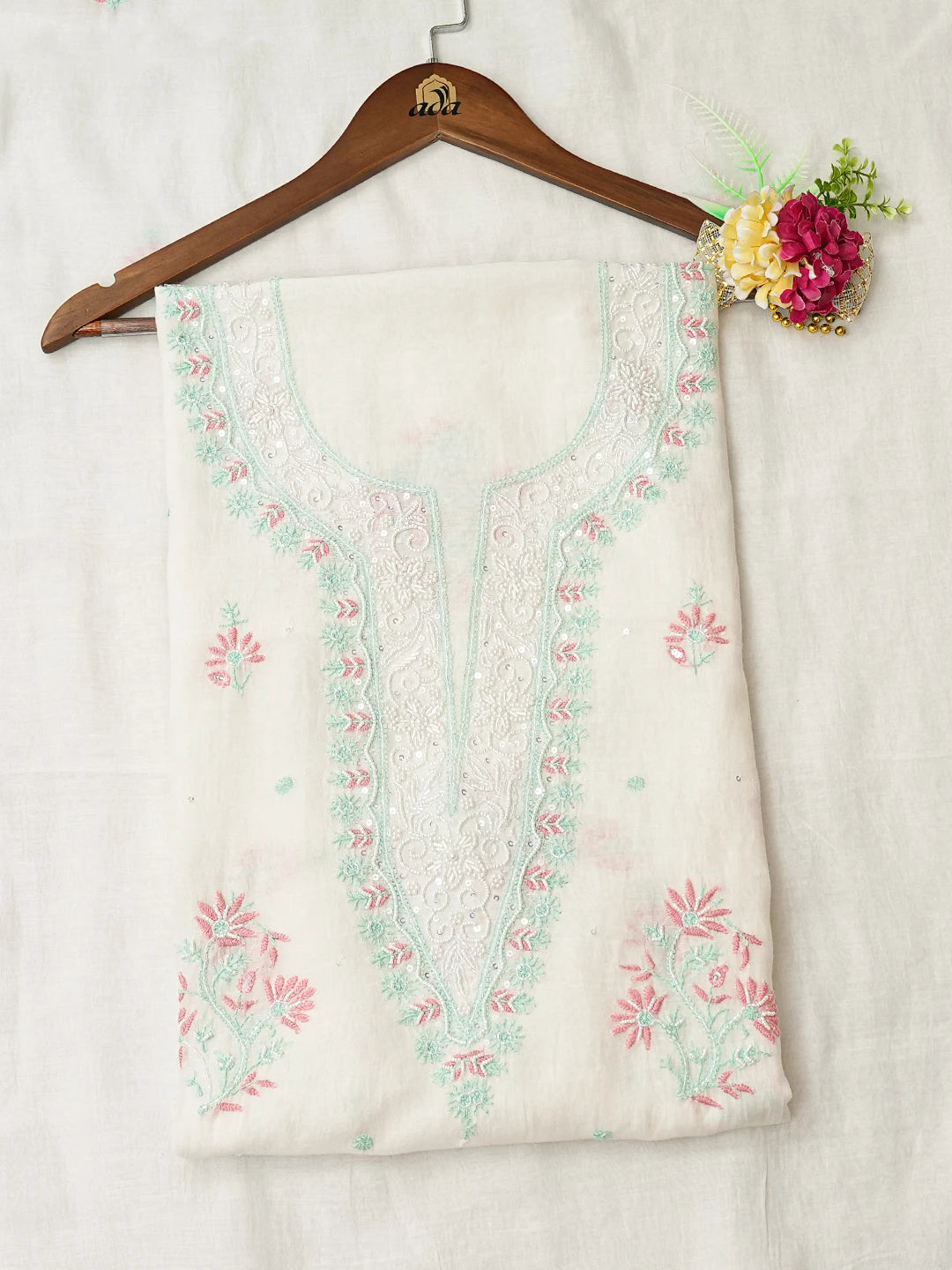 Ada Hand Embroidered White Chanderi Lucknowi Chikankari Unstitched Kurta Dupatta Set with Cutdana Work 01A645728