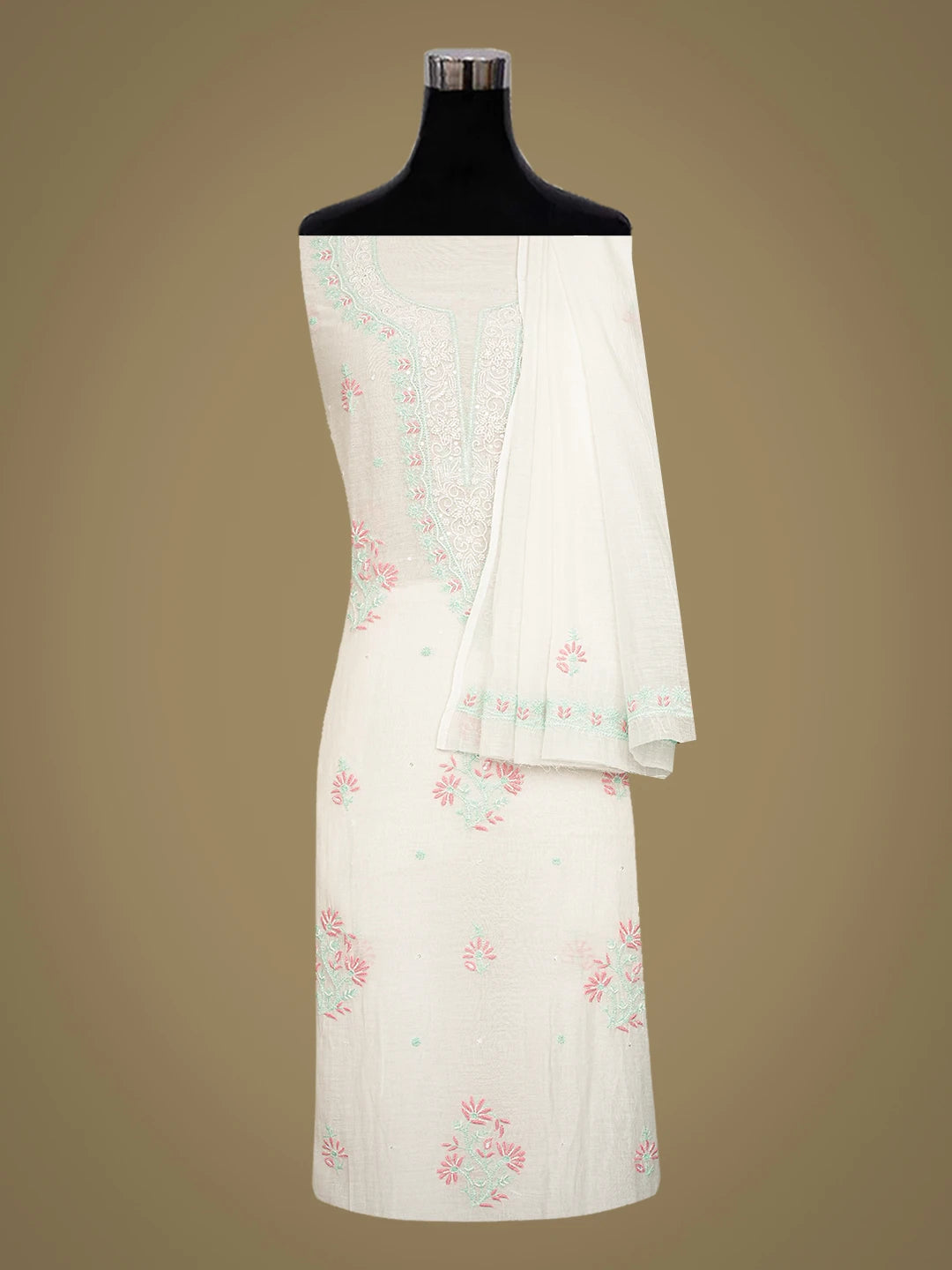 Ada Hand Embroidered White Chanderi Lucknowi Chikankari Unstitched Kurta Dupatta Set with Cutdana Work 01A645728