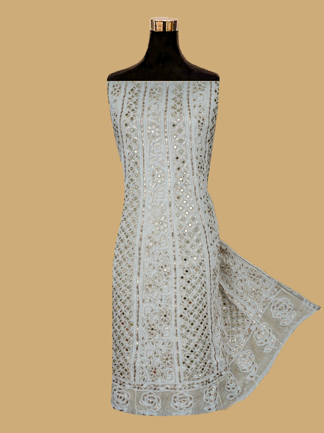 Ada Hand Embroidered White Viscose Georgette Lucknowi Chikankari Semi-Stitched Anarkali Kurta Dupatta Set with Gotapatti Work 01A765541