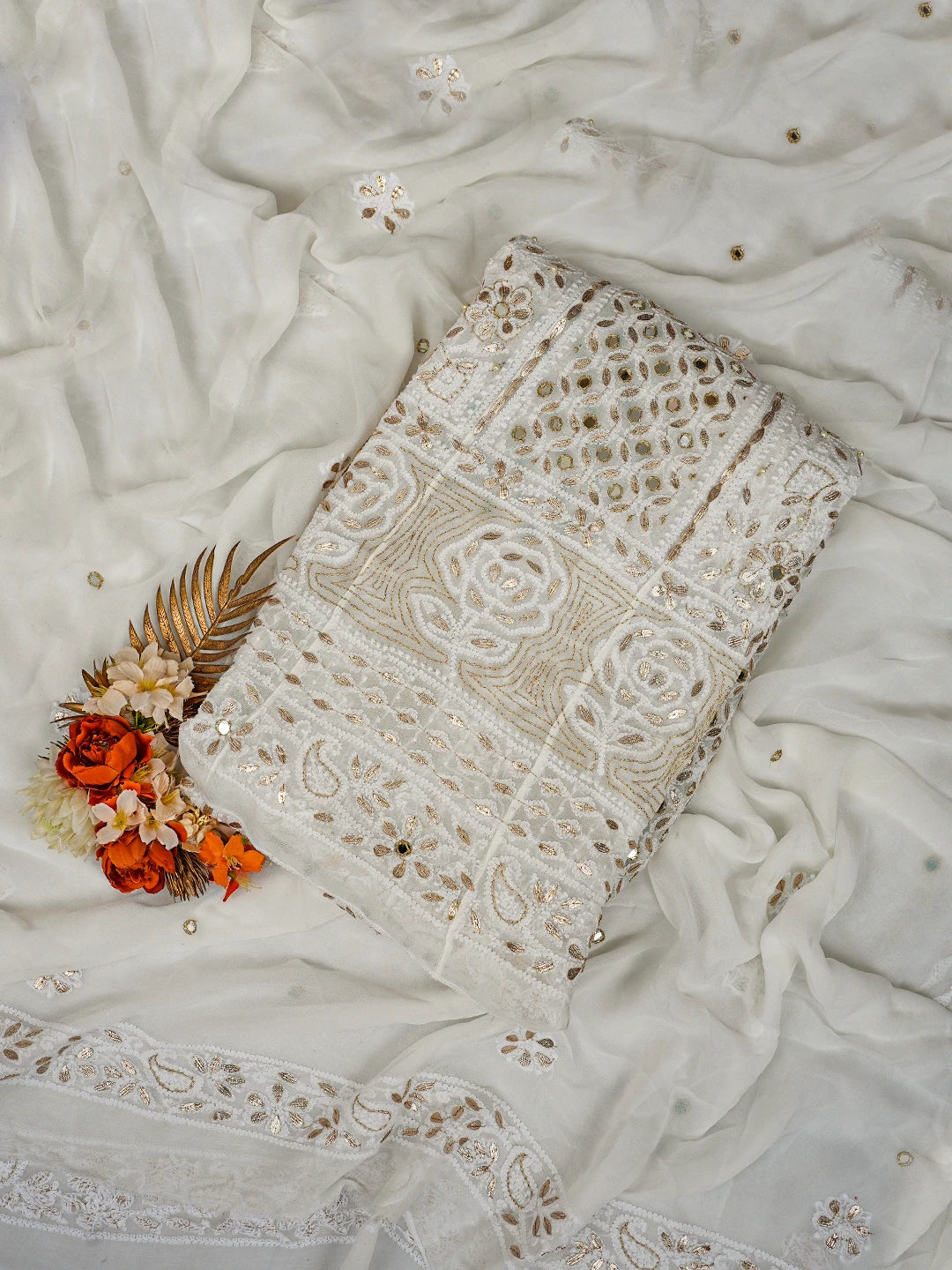 Ada Hand Embroidered White Viscose Georgette Lucknowi Chikankari Semi-Stitched Anarkali Kurta Dupatta Set with Gotapatti Work 01A765541