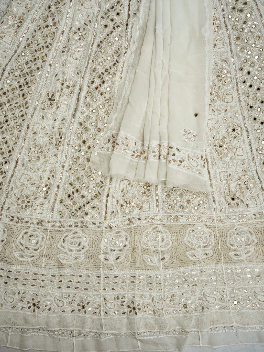Ada Hand Embroidered White Viscose Georgette Lucknowi Chikankari Semi-Stitched Anarkali Kurta Dupatta Set with Gotapatti Work 01A765541
