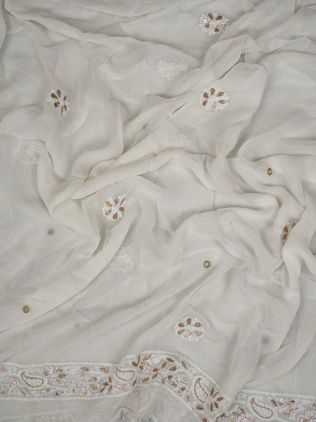 Ada Hand Embroidered White Viscose Georgette Lucknowi Chikankari Semi-Stitched Anarkali Kurta Dupatta Set with Gotapatti Work 01A765541