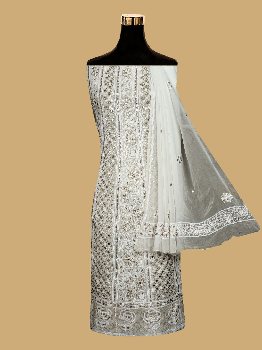 Ada Hand Embroidered White Viscose Georgette Lucknowi Chikankari Semi-Stitched Anarkali Kurta Dupatta Set with Gotapatti Work 01A765541