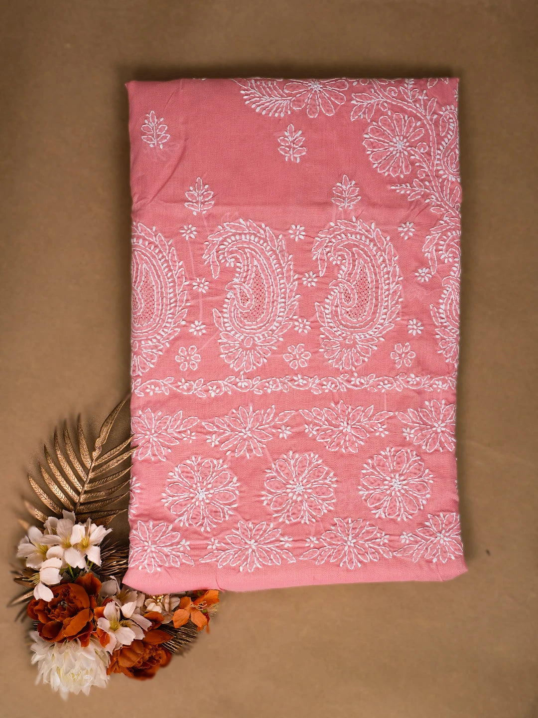 Ada Hand Embroidered Peach Cotton Lucknowi Chikankari Unstitched Kurta Piece 01A712240