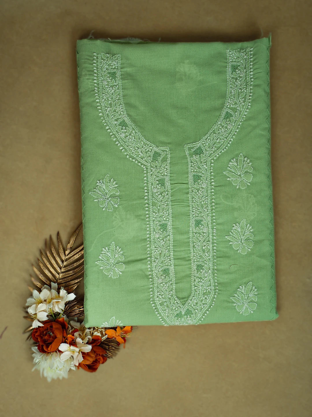 Ada Hand Embroidered Tea Green Cotton Lucknowi Chikankari Unstitched Kurta Piece 01A706039