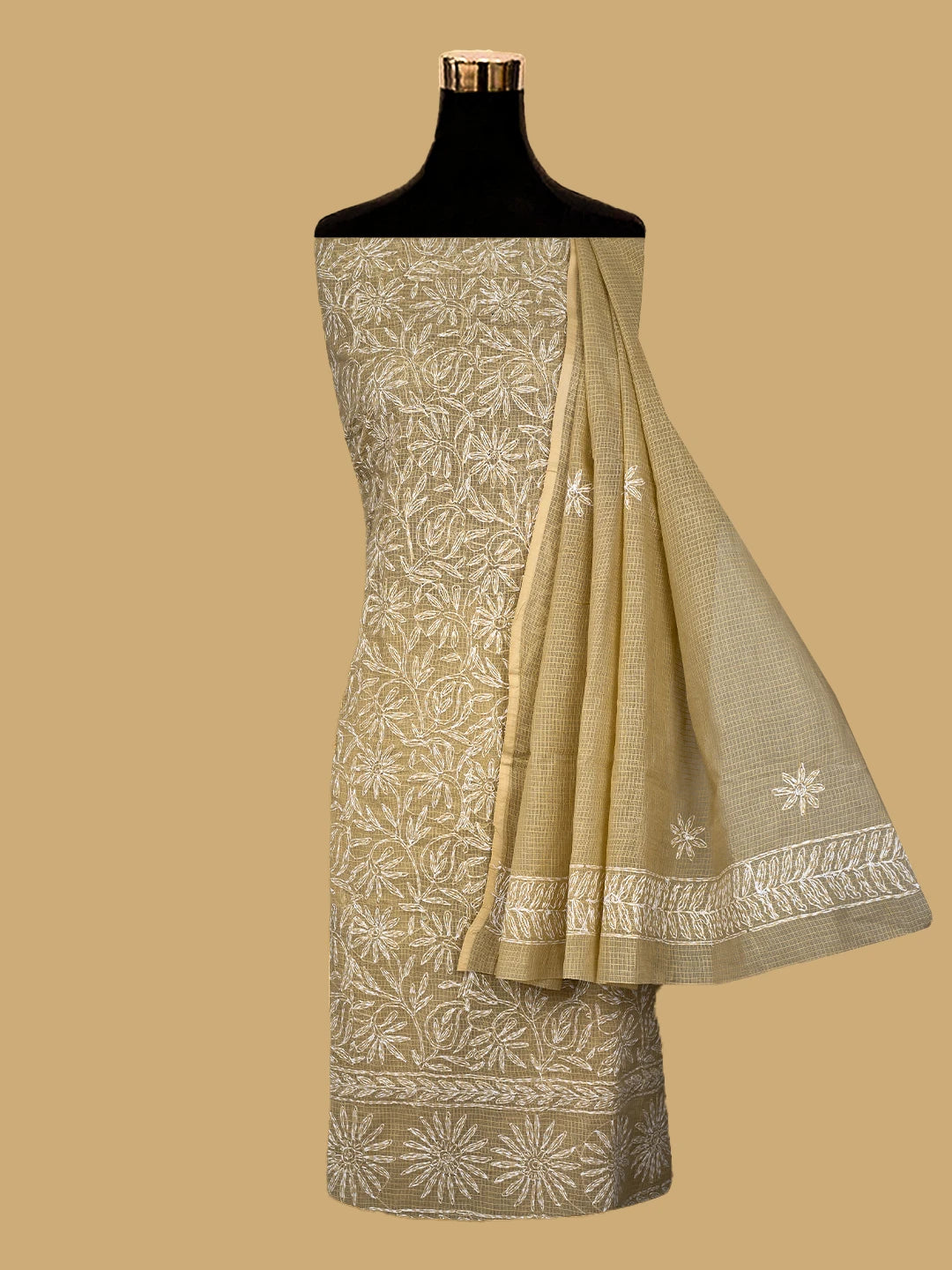 Ada Hand Embroidered Fawn Kota Lucknowi Chikankari Unstitched Kurta Dupatta Set 01A751304