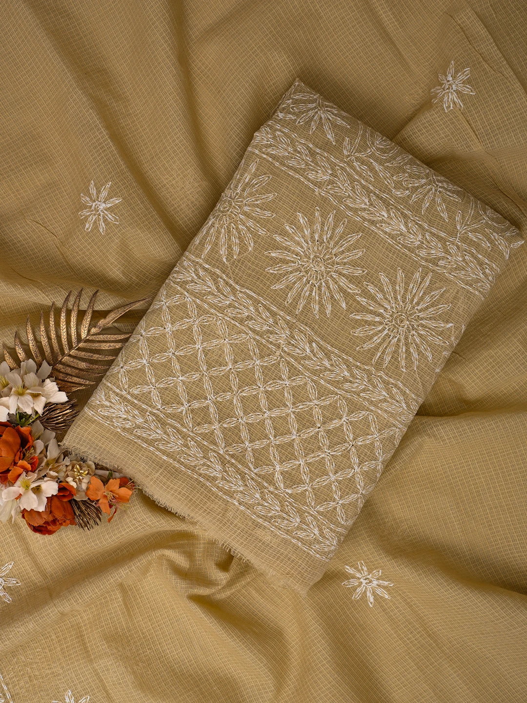 Ada Hand Embroidered Fawn Kota Lucknowi Chikankari Unstitched Kurta Dupatta Set 01A751304