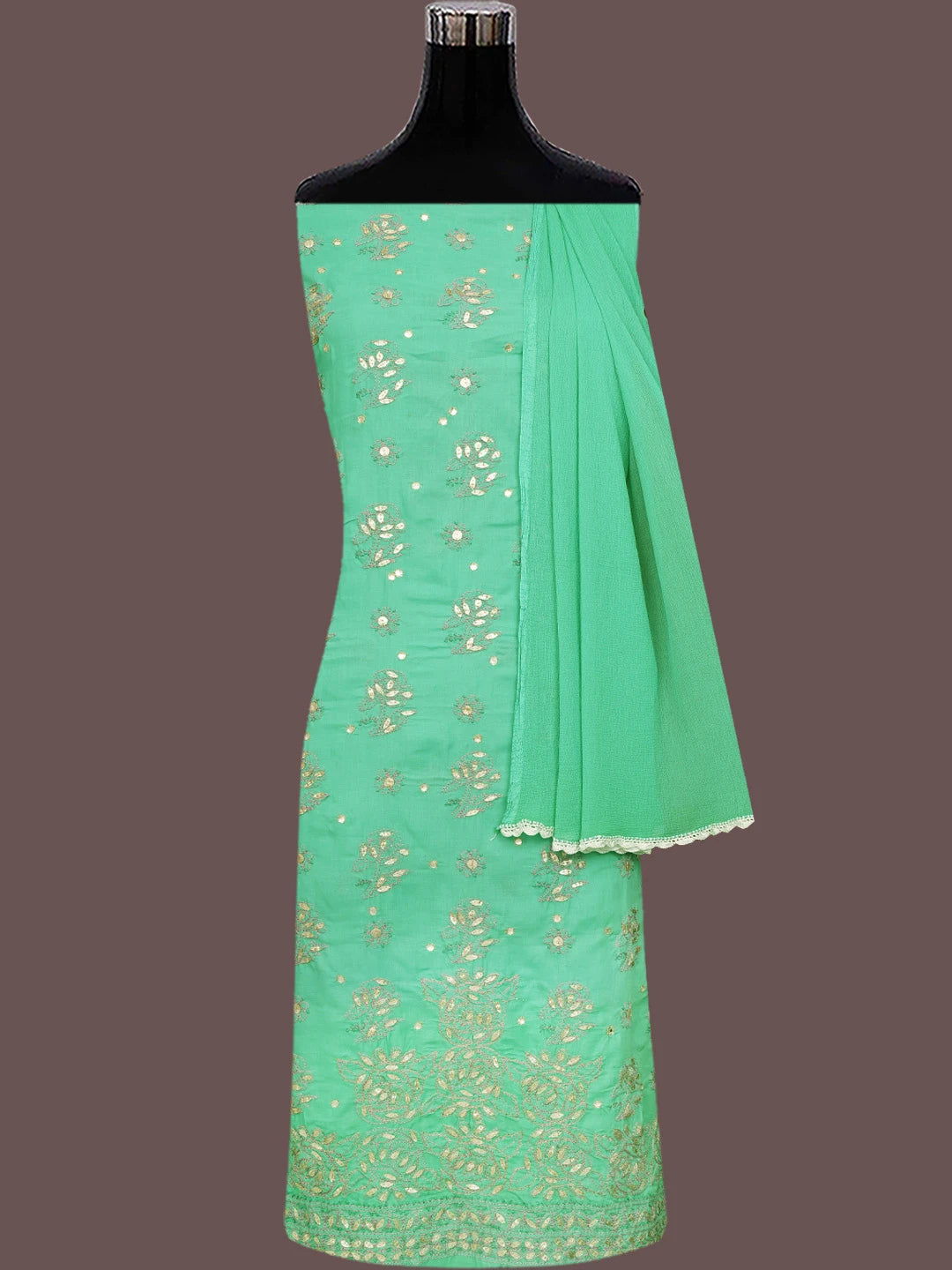 Ada Hand Embroidered Shamrock Green Cotton Lucknowi Chikankari Unstitched Suit Piece With Gota Patti Work 01A48238