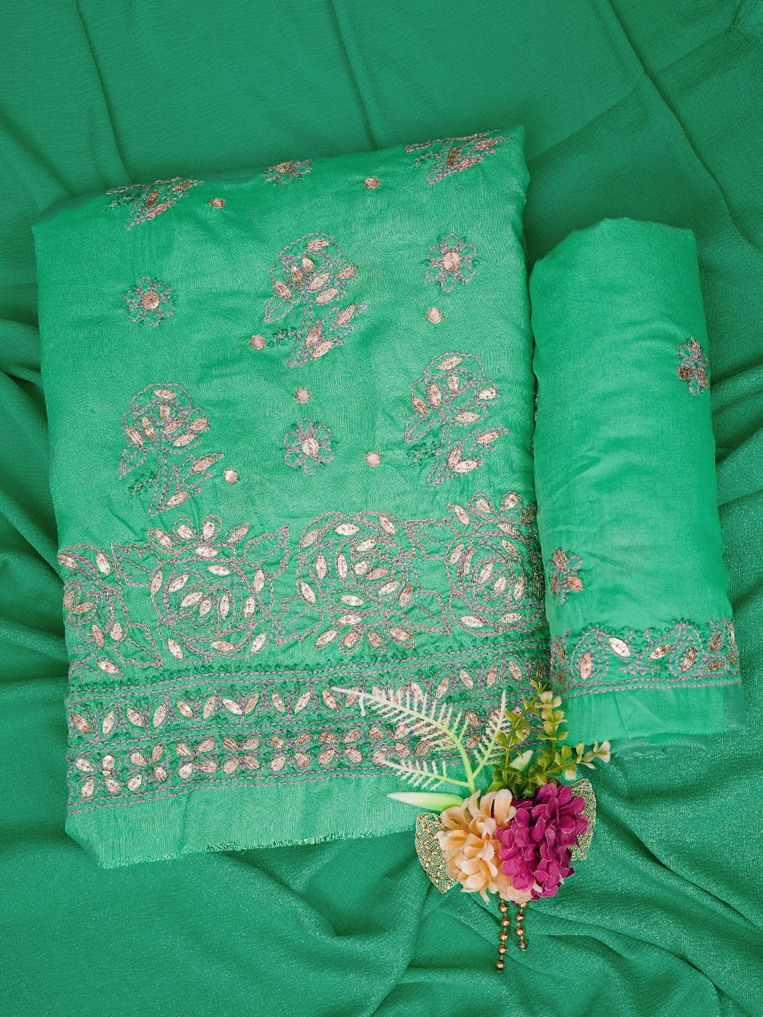 Ada Hand Embroidered Shamrock Green Cotton Lucknowi Chikankari Unstitched Suit Piece With Gota Patti Work 01A48238