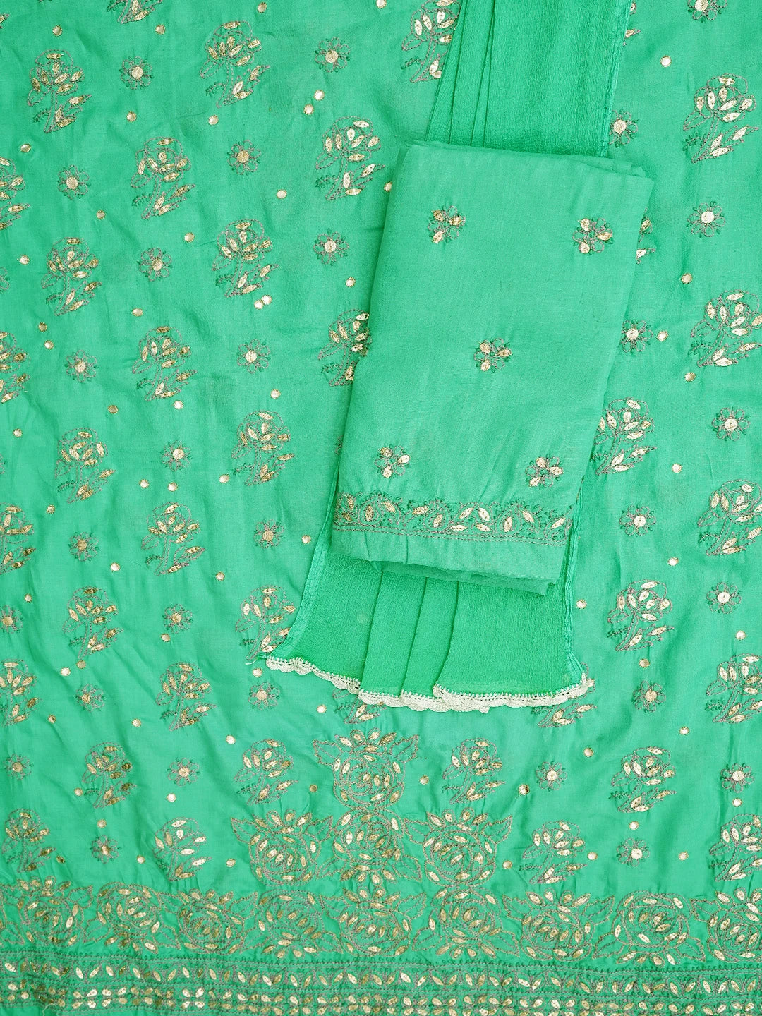 Ada Hand Embroidered Shamrock Green Cotton Lucknowi Chikankari Unstitched Suit Piece With Gota Patti Work 01A48238