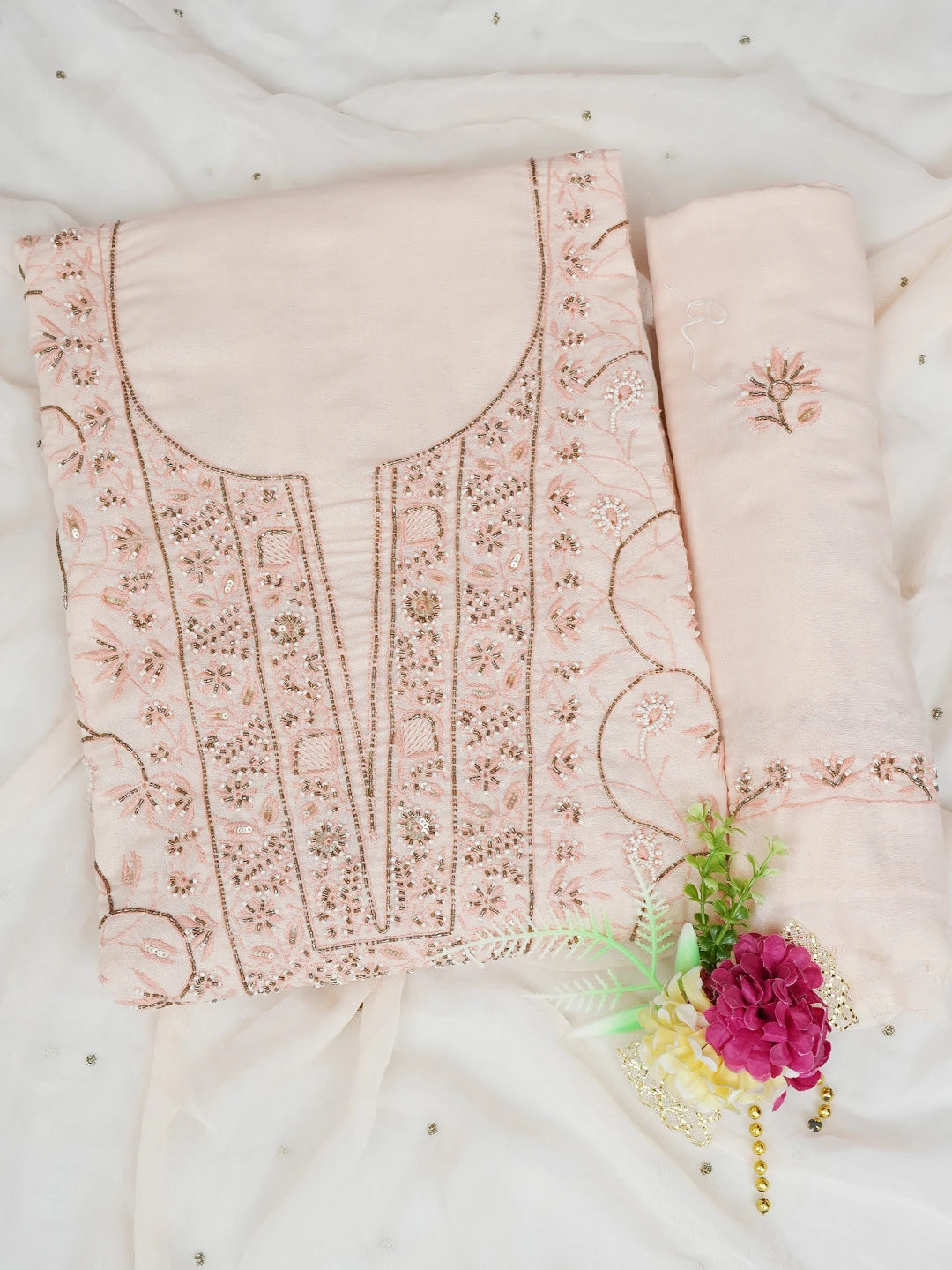 Ada Hand Embroidered Peach Cotton Lucknowi Chikankari Unstitched Suit Piece With Cutdana Work 01A376749