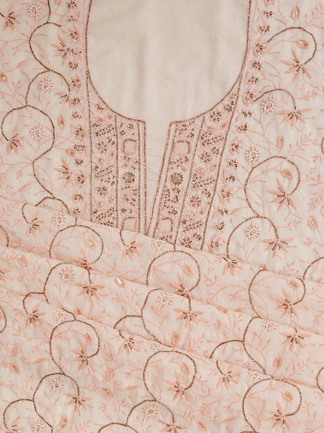 Ada Hand Embroidered Peach Cotton Lucknowi Chikankari Unstitched Suit Piece With Cutdana Work 01A376749