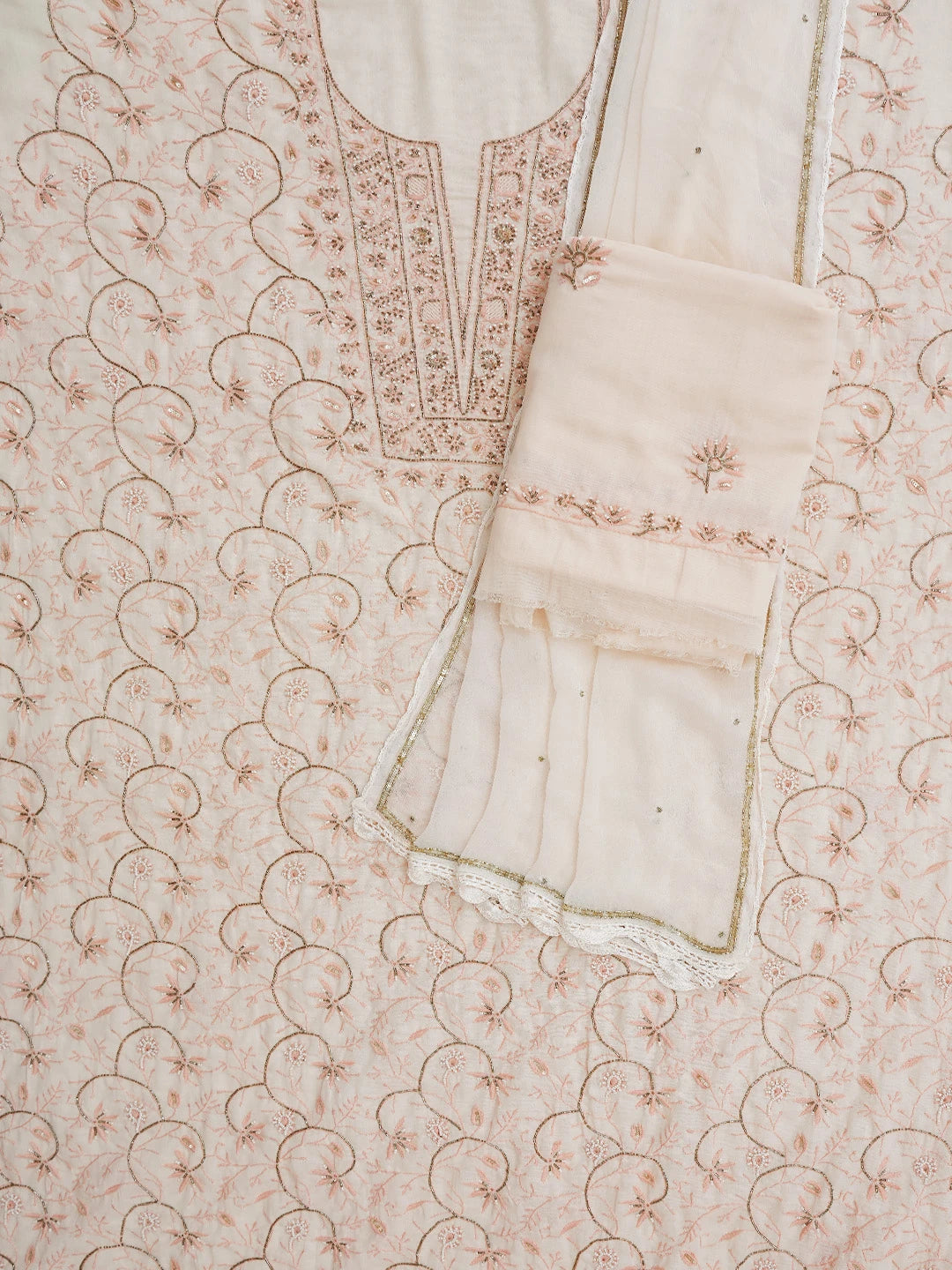 Ada Hand Embroidered Peach Cotton Lucknowi Chikankari Unstitched Suit Piece With Cutdana Work 01A376749
