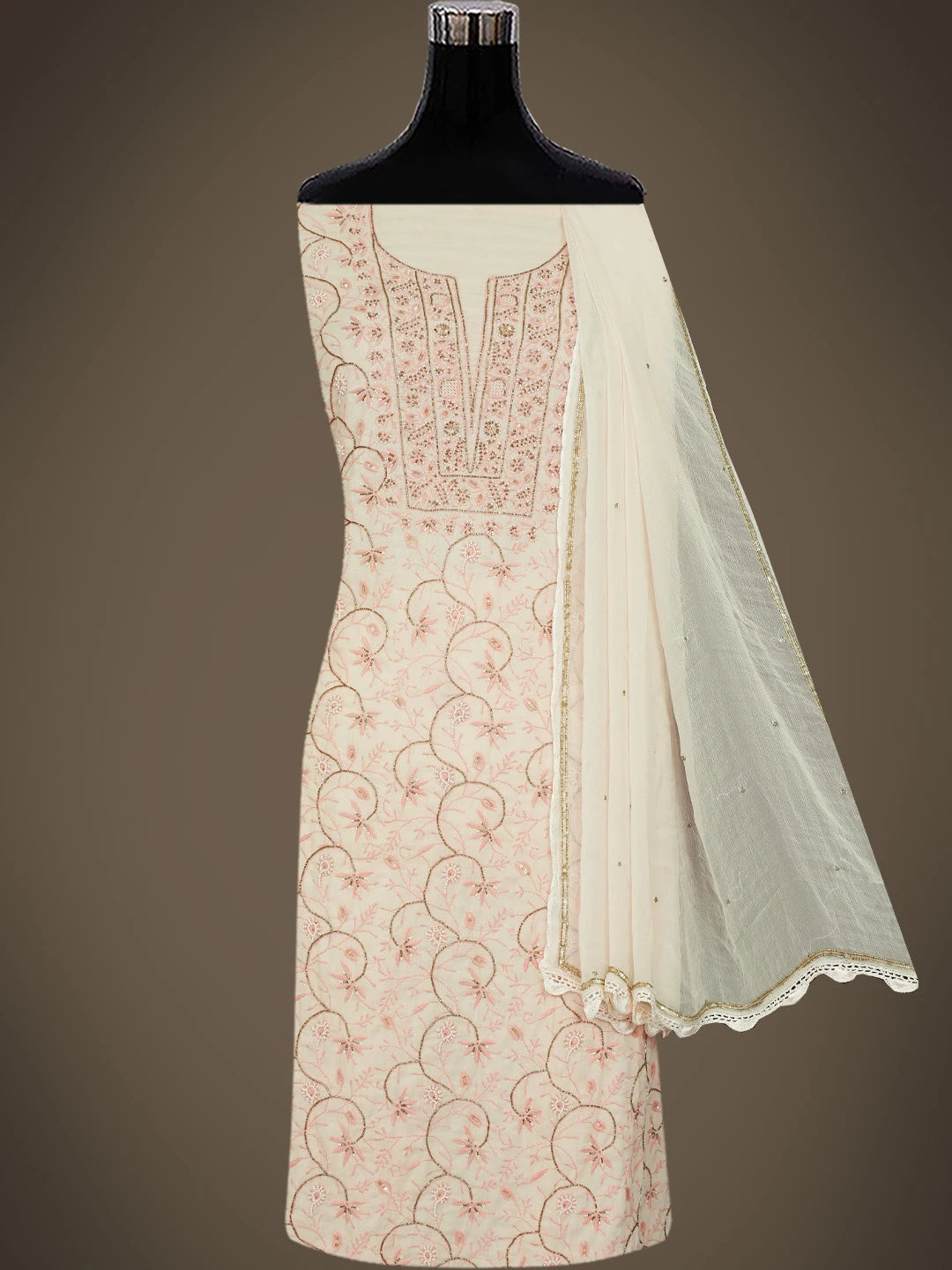 Ada Hand Embroidered Peach Cotton Lucknowi Chikankari Unstitched Suit Piece With Cutdana Work 01A376749