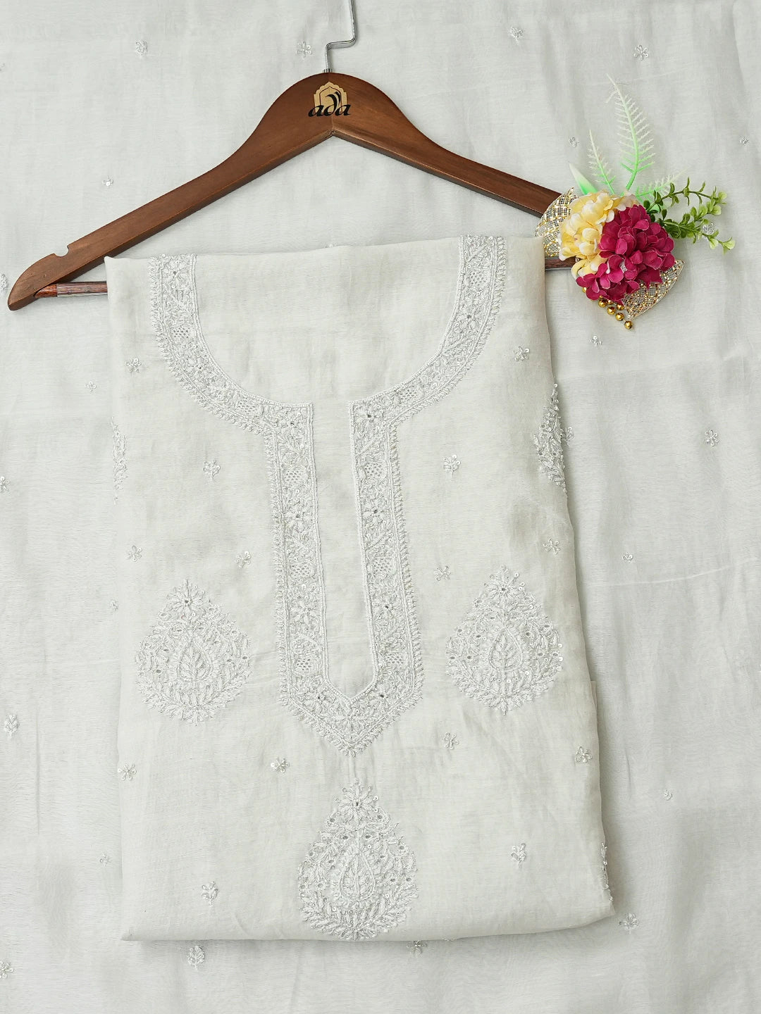 Ada Hand Embroidered Light Green Chanderi Lucknowi Chikankari Unstitched Kurta Dupatta Set With Cutdana Work 01A720010