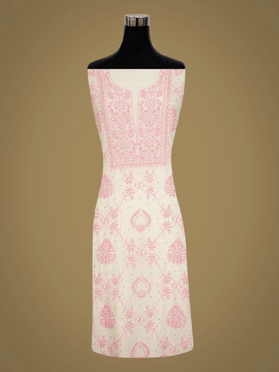 Ada Hand Embroidered White Chanderi Lucknowi Chikankari Unstitched Kurta Dupatta Set With Pearl Work 01A749499