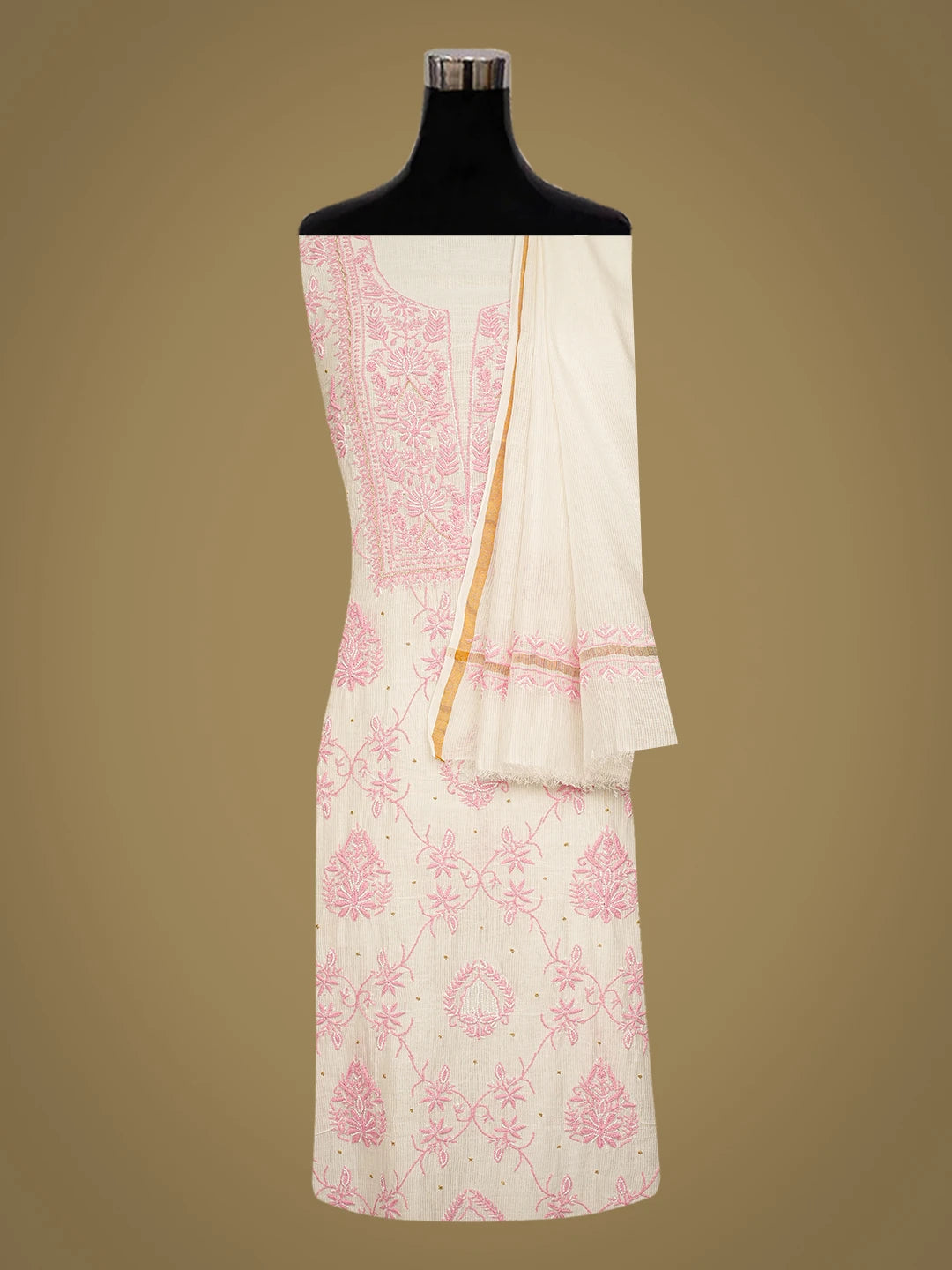 Ada Hand Embroidered White Chanderi Lucknowi Chikankari Unstitched Kurta Dupatta Set With Pearl Work 01A749499