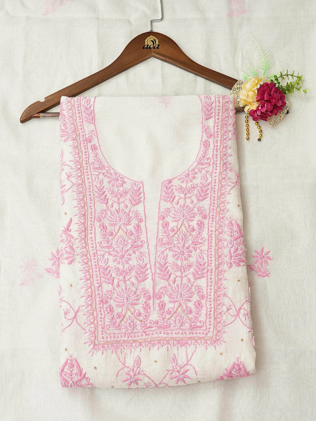 Ada Hand Embroidered White Chanderi Lucknowi Chikankari Unstitched Kurta Dupatta Set With Pearl Work 01A749499