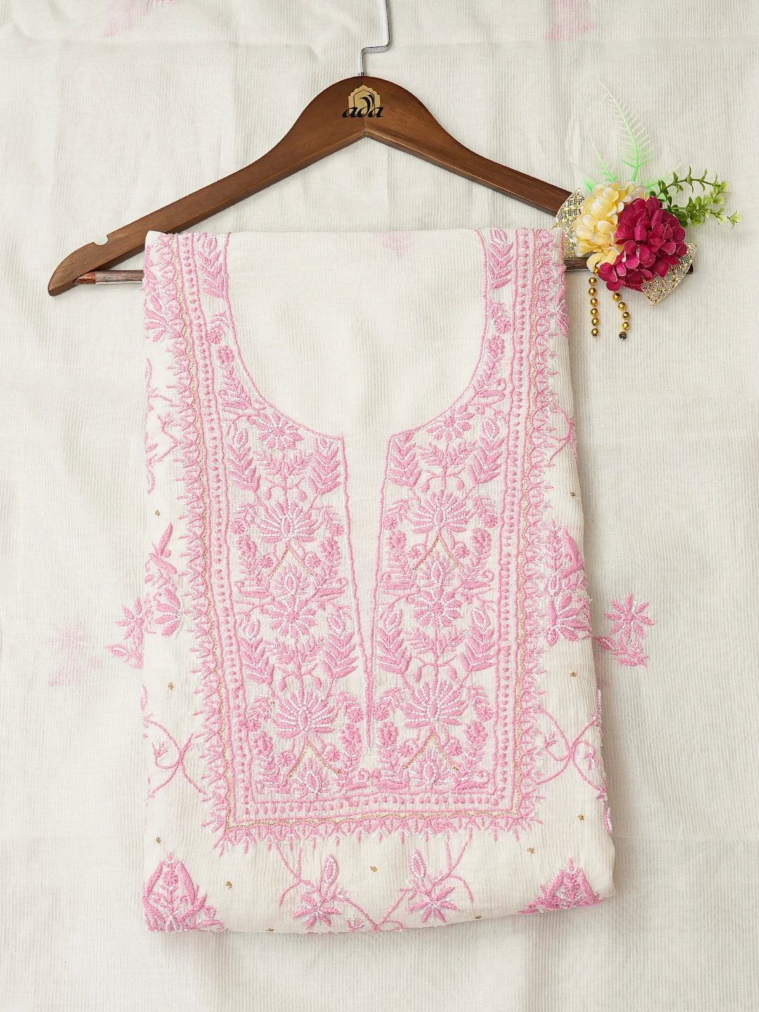 Ada Hand Embroidered White Chanderi Lucknowi Chikankari Unstitched Kurta Dupatta Set With Pearl Work 01A749499