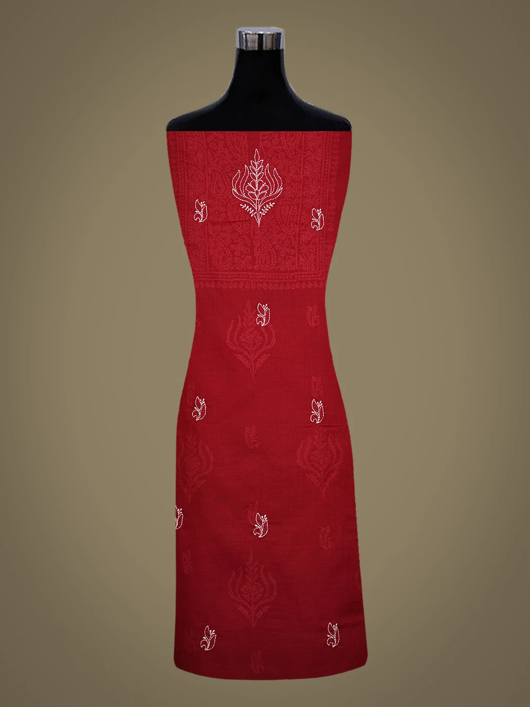 Ada Hand Embroidered Red Cotton Lucknowi Chikankari Unstitched Kurta Piece 01A751795