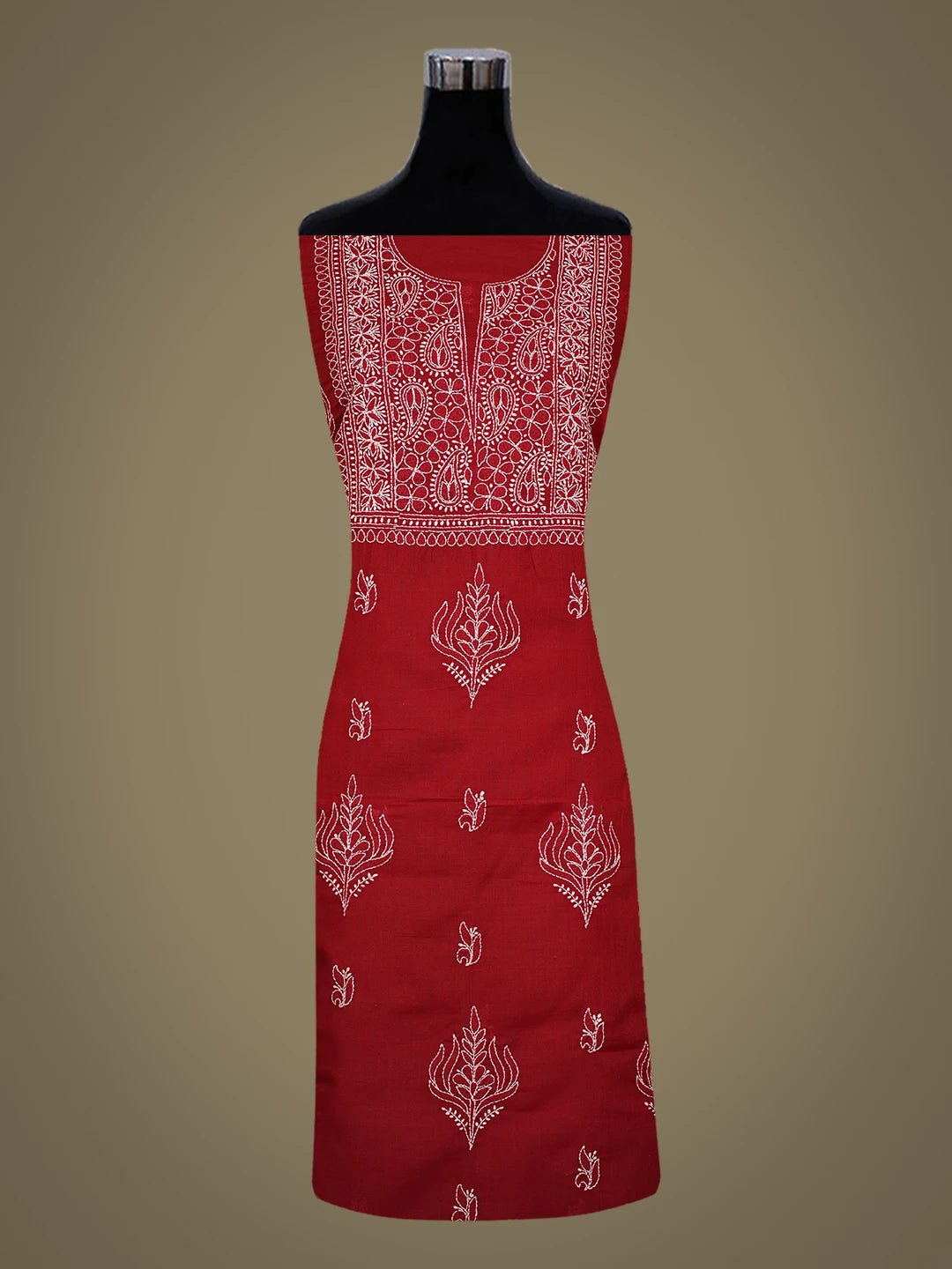 Ada Hand Embroidered Red Cotton Lucknowi Chikankari Unstitched Kurta Piece 01A751795