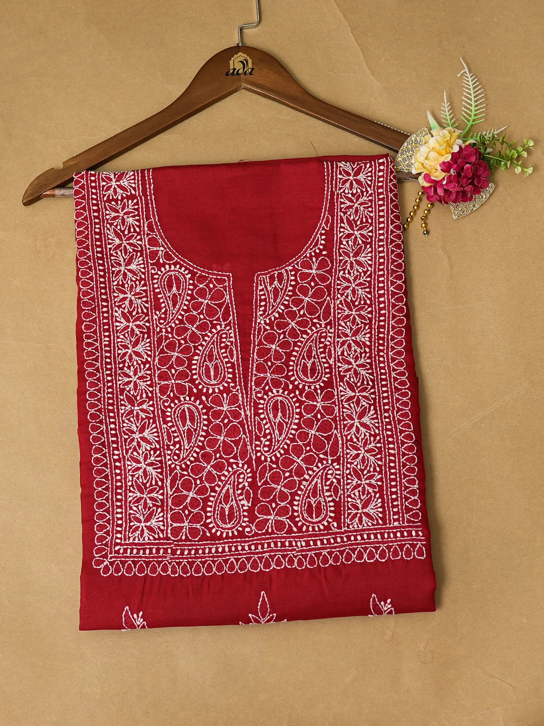Ada Hand Embroidered Red Cotton Lucknowi Chikankari Unstitched Kurta Piece 01A751795