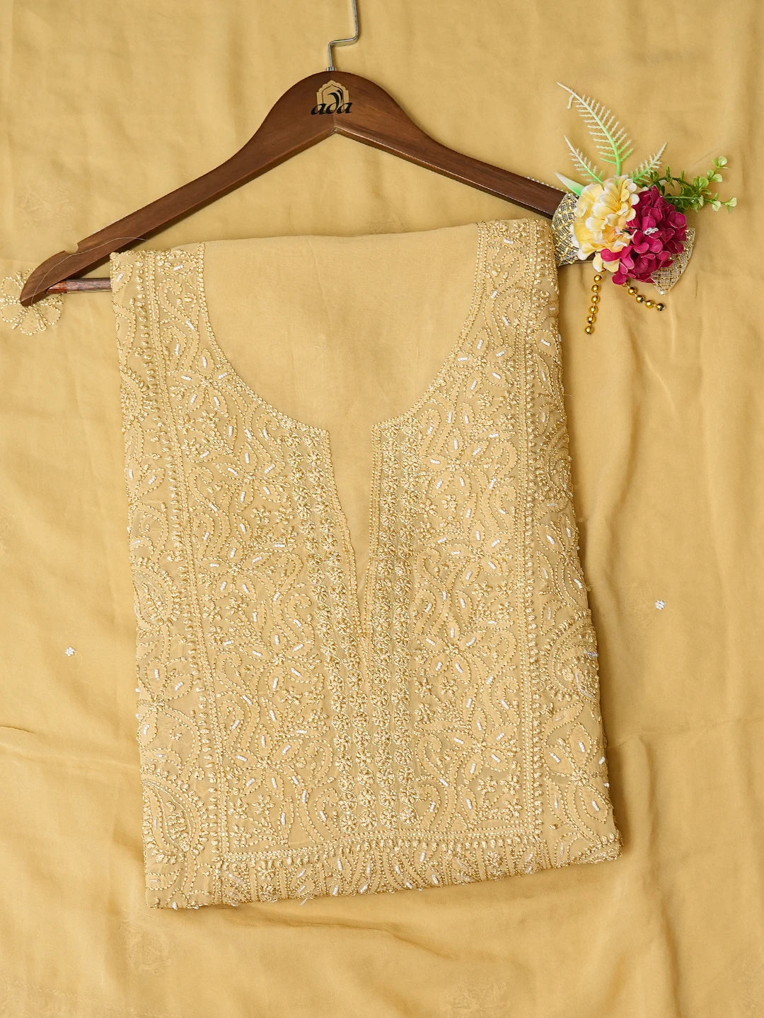 Ada Hand Embroidered Fawn Viscose Georgette Lucknowi Chikankari Unstitched Kurta Dupatta Set With Cutdana Work 01A724451