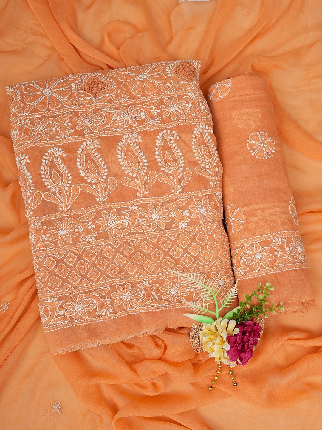 Ada Hand Embroidered Rust Cotton Lucknowi Chikankari Unstitched Suit Piece With Cutdana Work 01A677541