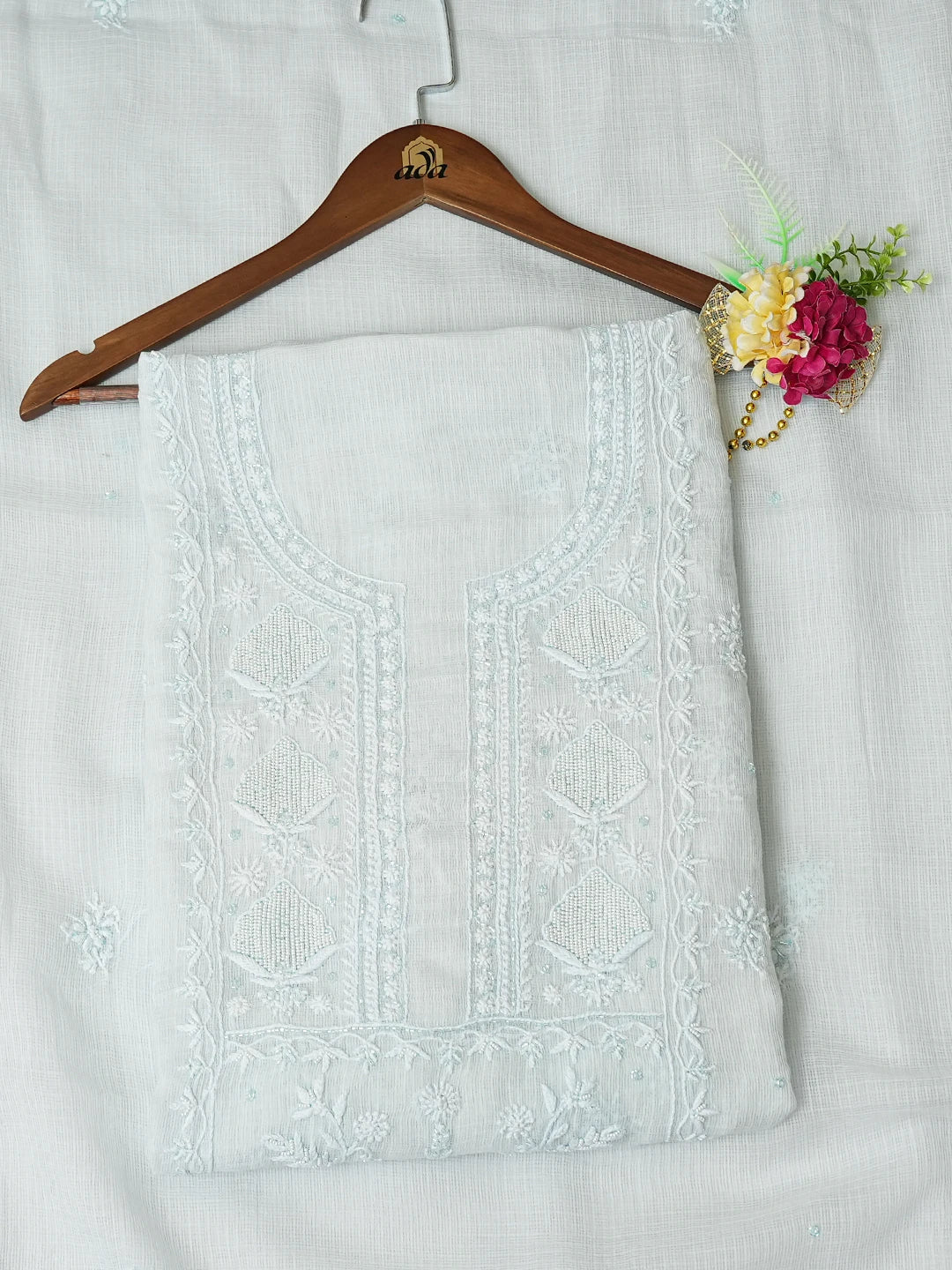 Ada Hand Embroidered Light Blue Kota Lucknowi Chikankari Unstitched Kurta Dupatta Set With Cutdana Work 01A749515