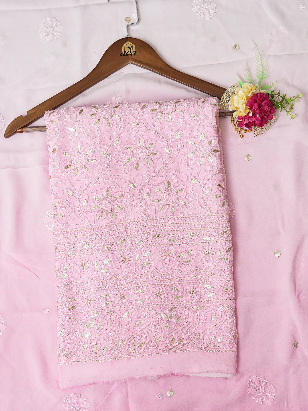 Ada Hand Embroidered Pink Viscose Georgette Lucknowi Chikankari Unstitched Kurta Dupatta Set With Gotapatti Work 01A751182