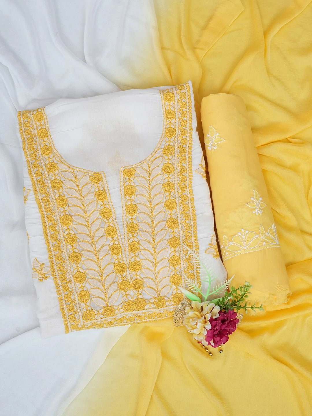 Ada Hand Embroidered White Cotton Lucknowi Chikankari Unstitched Suit Piece 01A767432