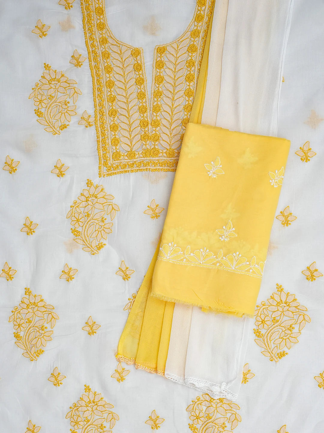 Ada Hand Embroidered White Cotton Lucknowi Chikankari Unstitched Suit Piece 01A767432