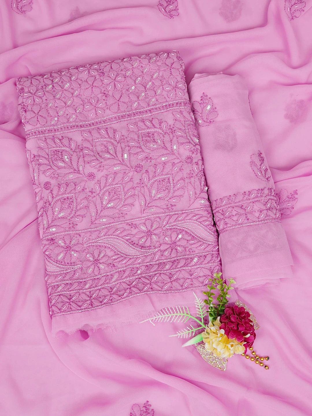 Ada Hand Embroidered Pink Georgette Lucknowi Chikankari Unstitched Suit Piece 01A749942