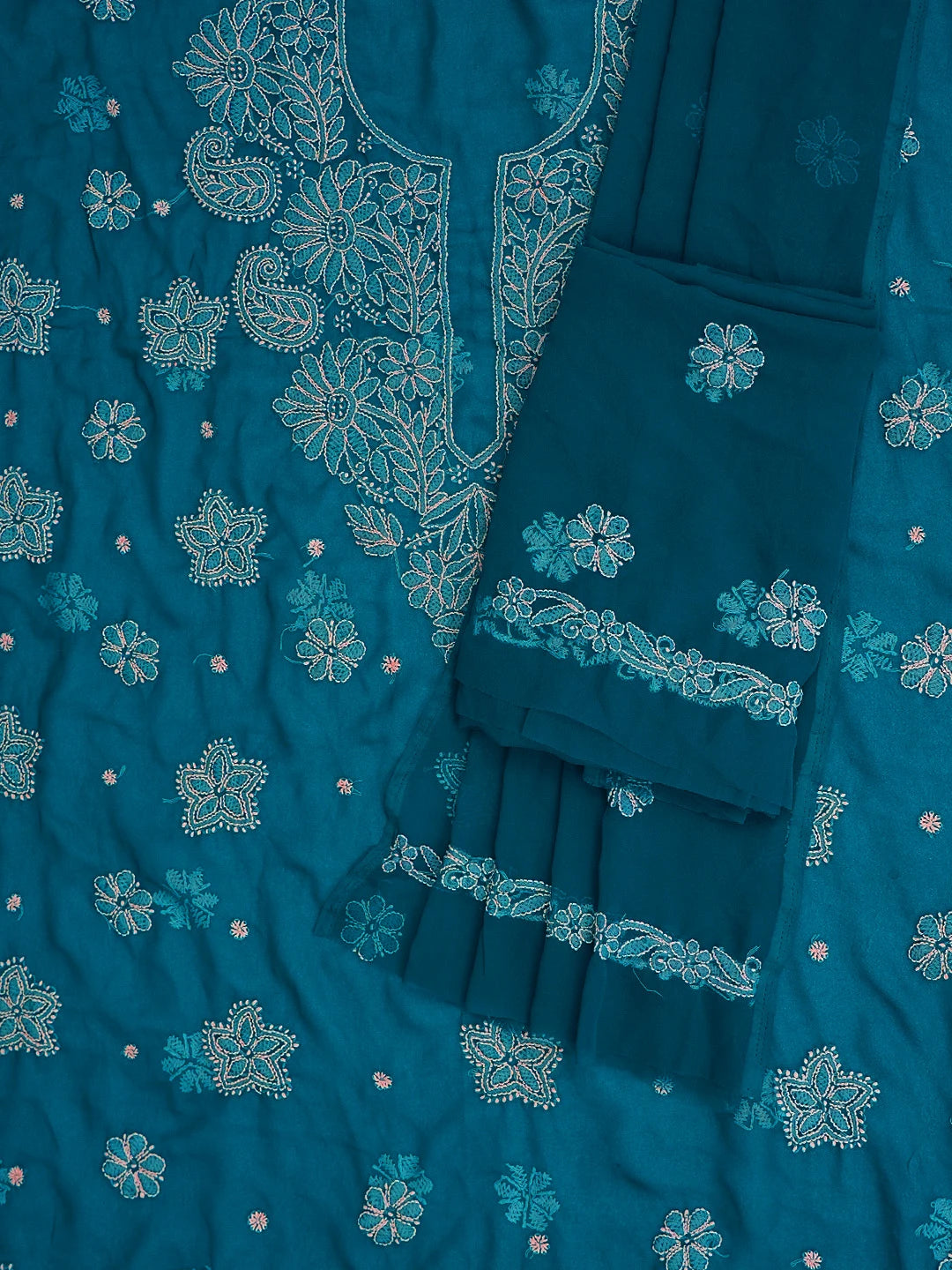 Ada Hand Embroidered Peacock Blue Georgette Lucknowi Chikankari Unstitched Suit Piece 01A776412